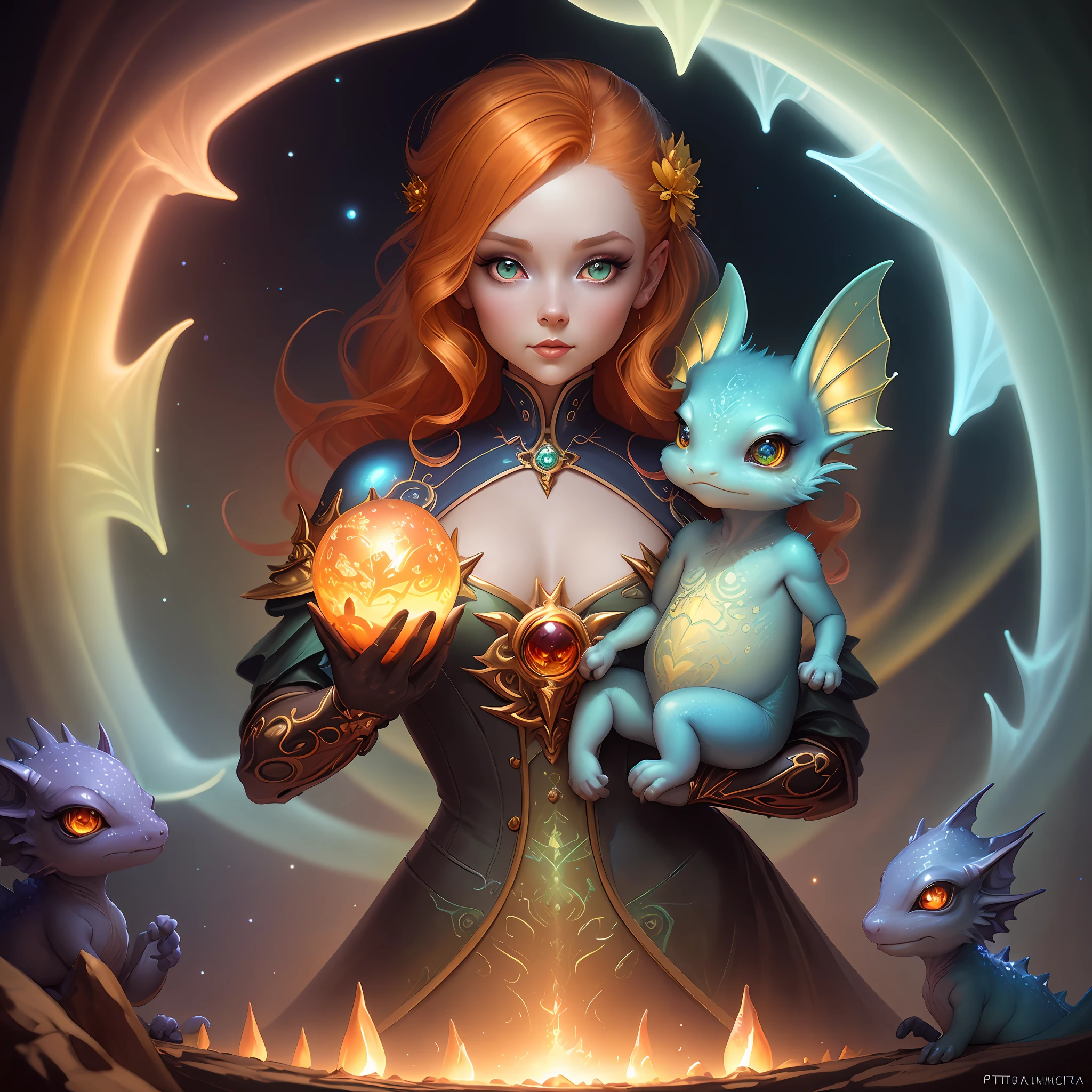 luminism, fantasy acrylic, digital painting, a close up little rainbow dragon creature and a cute baby girl with ginger hair making a group activity, glittering skin, cute face, big eyes, iridescent skin scales, filigree, filigree details, hyperdetailed, big reflective eyes, glittering painting, amber, big matte detailed amber flowers, fairytale, golden glowing, rim lighting, artstation, by Peter Mohrbacher, craola, rococo painting, masterpiece, .centered composition, perfect composition, centered, vibrant colors, 3d textural painting, sculptural painting