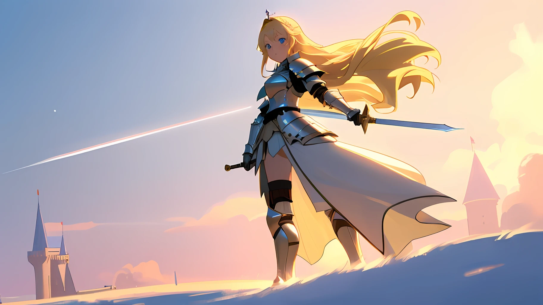 blonde haired anime girl in knights armor holding a sword outside a castle, unparalleled masterpiece, perfect artwork, best quality, anime style, anime wallpaper, 1girl, blond hair, knight girl, cool anime wallpaper, castle background, epic anime wallpaper, beautiful blonde hair female knight, perfect body, full body, illustration, no text, sword, pretty face, elegant, high quality, 8k, royal blue eyes, one person, background outside the castle, no titles, computer wallpaper, perfect anime eyes