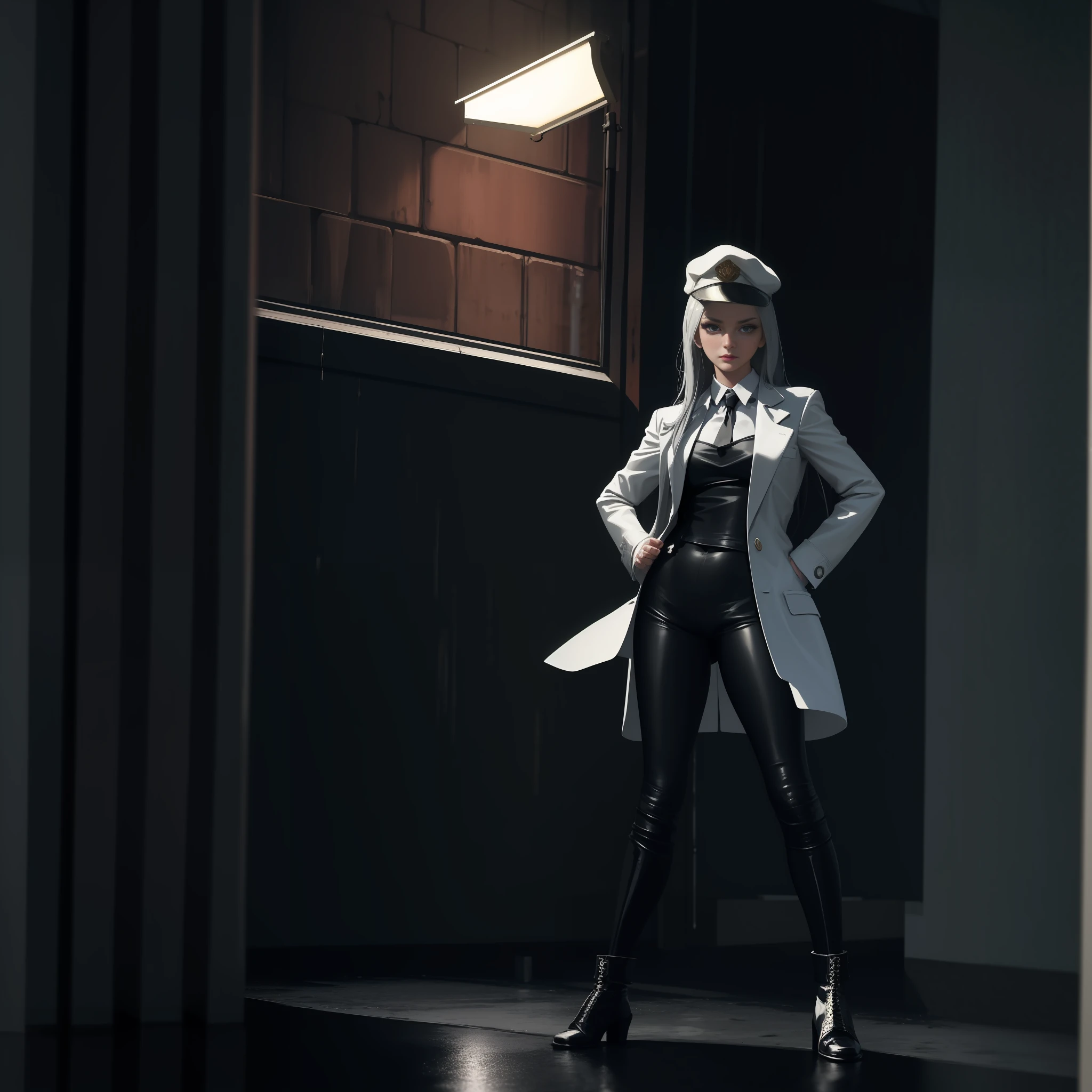 Masterpiece, Absurd, High quality, Realistic, Perfect beauty, 1 female, Solo, Long silver hair, Standing, Hands on hips, Low angle, Looking at viewer, Three-piece suit, Hot pants, Perfectly detailed Good looks, oxford boots, newsboy cap, detachable collar shirt, thick overcoat, alleyway, street light, wet road glow, night, 20 megapixels, detailed film grain, blurred neon
