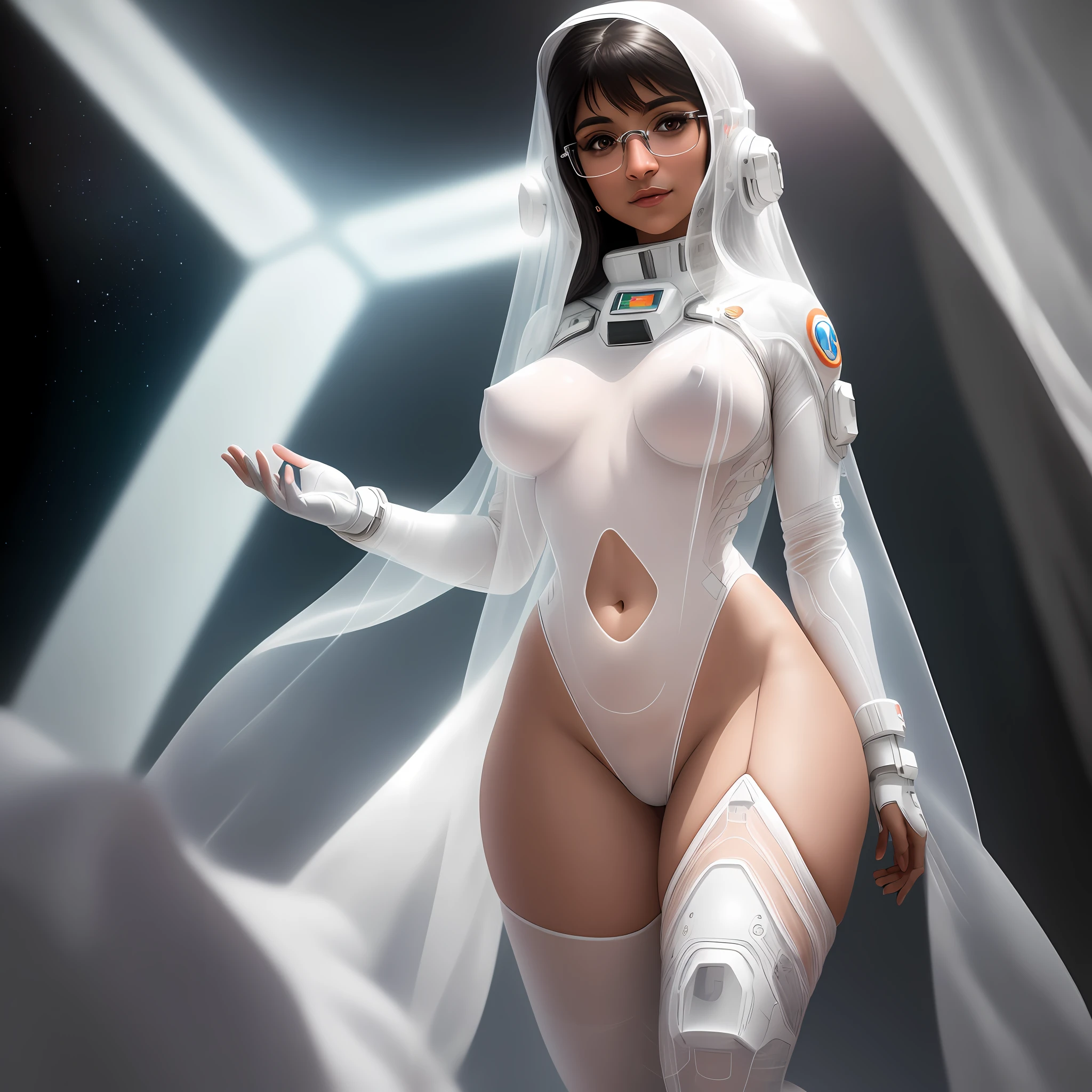 Mia Khalifa, photograph (white topic:1.1), elegant, beautiful face, thick thighs, translucent transparent (thin sheer:1.2) spacesuit, nude, barely legal, magical atmosphere, detailed skin, skin texture, intricately detailed, fine details, hyperdetailed, space ship on background, muted colors, diffused soft lighting, shallow depth of field, by (Oliver Wetter), by Stanley Kubrick, photographed on a Canon EOS R5, 28mm lens, F/2.8, sharp focus bokeh