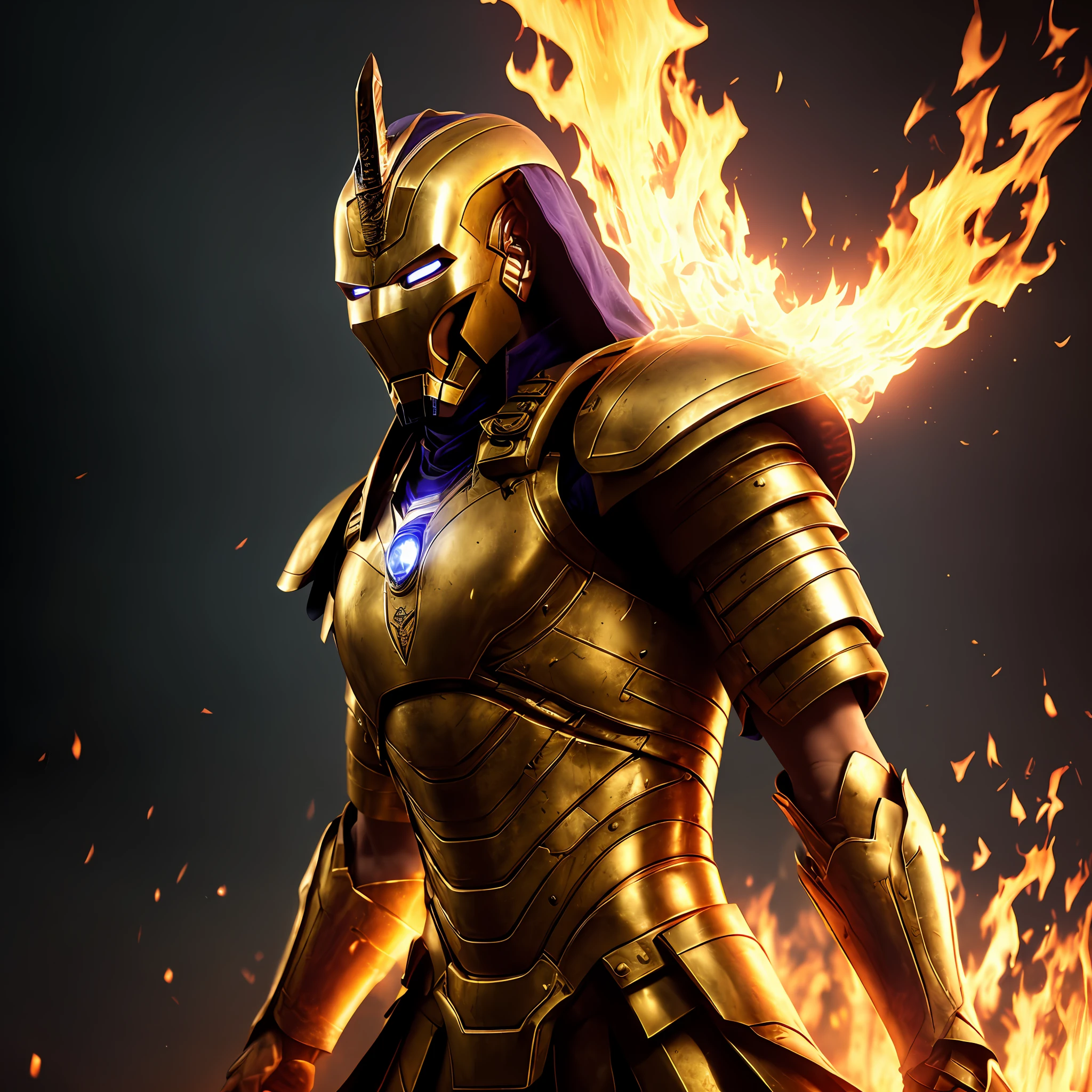Create a photo of (((battle-hardened Pharaoh))) in a (((gold and platinum and sapphire))) (Iron Man suit) (((with the face of a Pharaoh))) (((engulfed in flames))) with (((bright glowing eyes))). The purple color scheme should be muted and aged, with subtle variations in color that add depth and texture to the armor. The warrior should have a rugged and weathered appearance, with scars and other imperfections on their face and hands. The flames should be realistically rendered, with a mix of pink, purple, and white hues that flicker and dance in the air. The flames should also cast light and shadows onto the surrounding environment, adding to the realism of the scene. The environment should be dark and moody, with subtle hints of light that highlight the warrior and their sword. The setting could be a dimly lit dungeon, a misty forest, or a ruined fortress. The lighting should be carefully crafted to create a sense of depth and atmosphere, with realistic shadows and reflections. For the camera setup, use a high-end digital camera like a PhaseOne XF IQ4 with a 80mm lens and a sturdy tripod. Set the camera to ISO 200, f/4.5, and a shutter speed of 1/125. Use a combination of natural and artificial lighting to create a realistic and dramatic effect, with carefully placed light sources that mimic the environment. Use post-processing techniques to enhance the details and textures of the armor and sword, while maintaining a natural and authentic look. The final image should be rendered at the highest possible resolution, with a high level of rendering quality and minimal chaos. The end result should be a photo that looks like it was taken in a real-world setting.