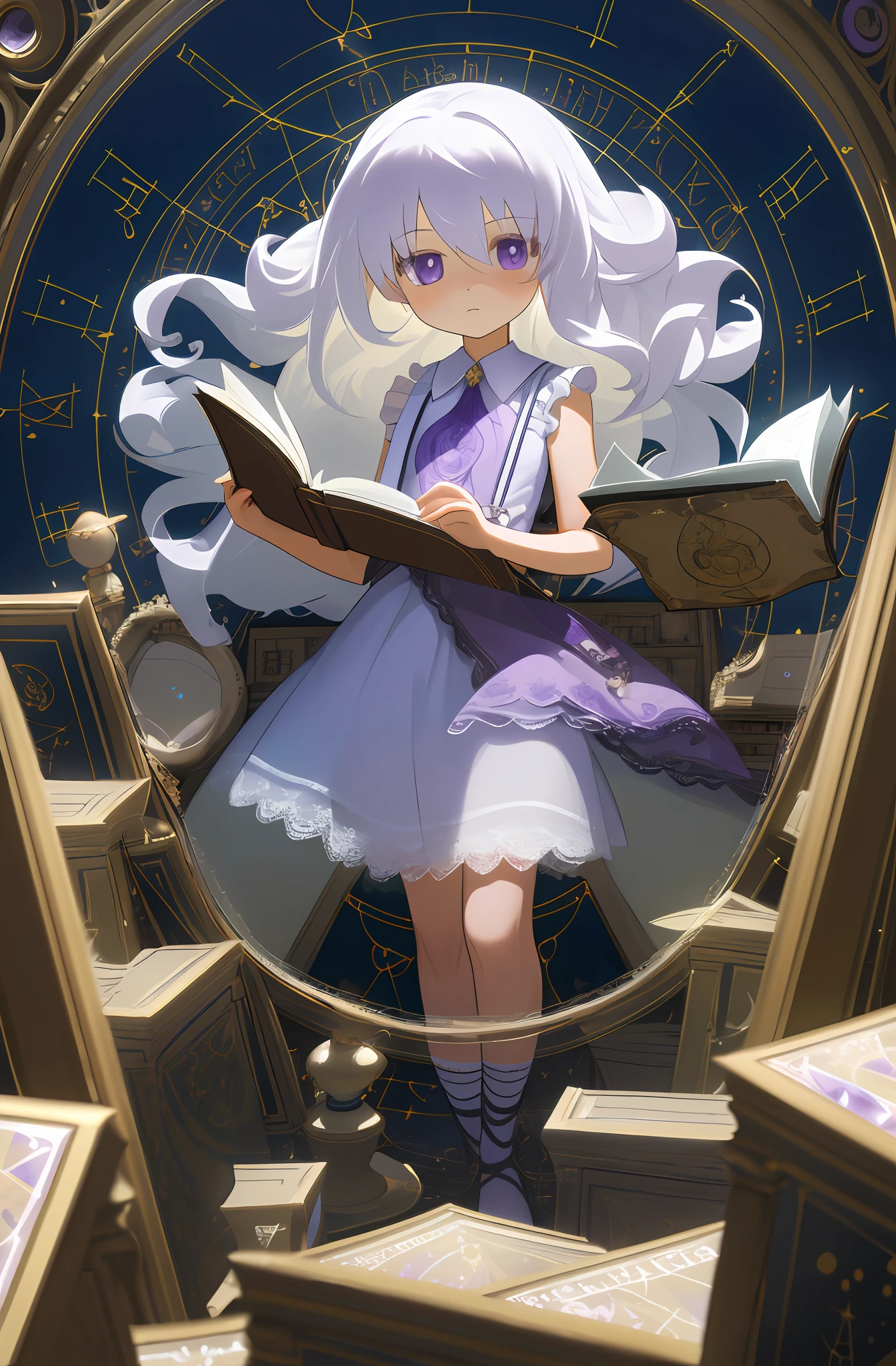 8k quality, extreme details, single portrait, full body vertical painting, highest quality portrait, :), a single girl, fluffy long hair, white hair, amethyst eyes, flat chest, small cup, detailed depiction Face, girly, expressionless, lace suspenders sleeveless nightdress, lots of messy books, astrology, astrology magic