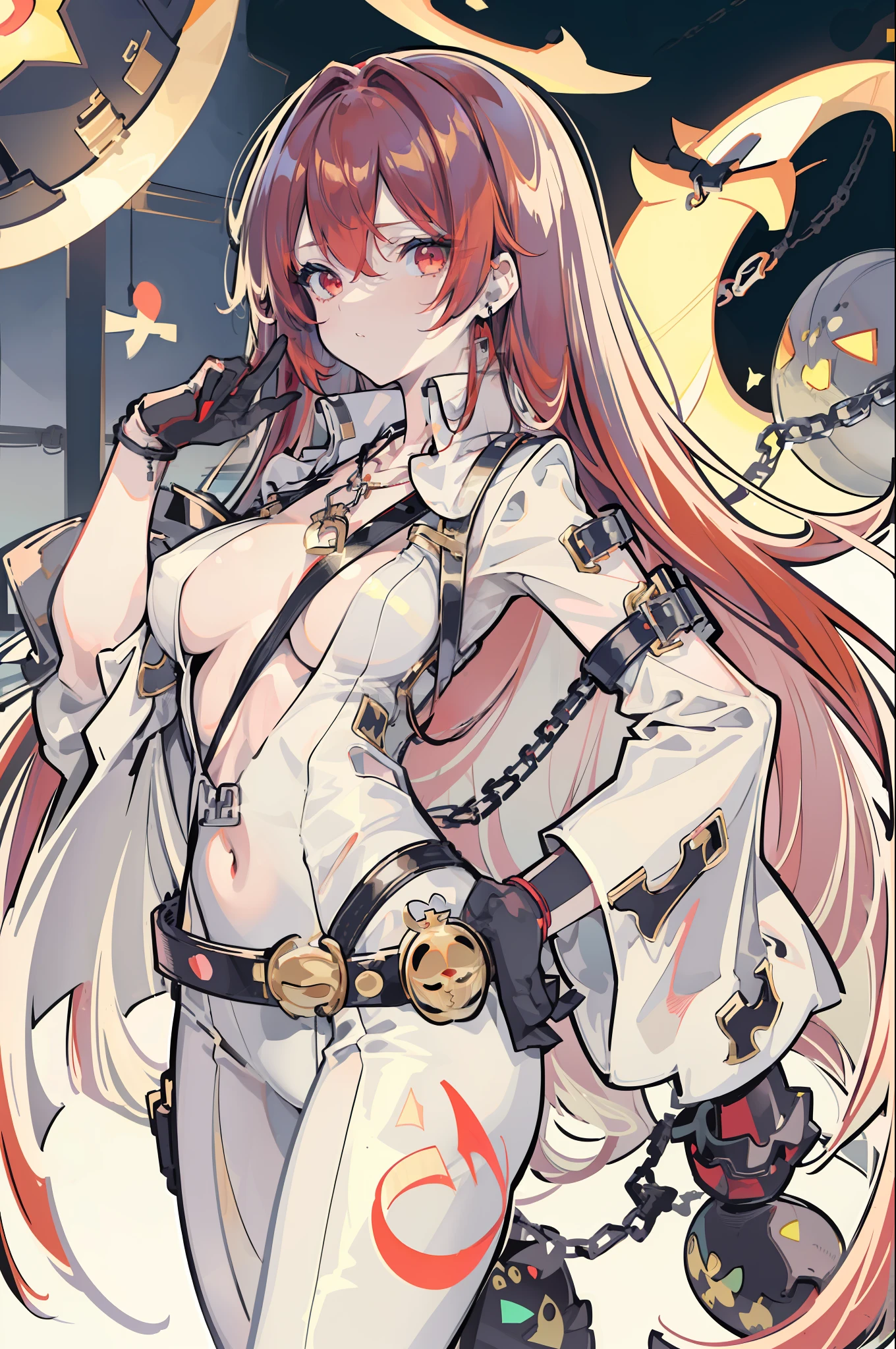((masterpiece)), (best quality), (detailed), (1 girl), jack-o' valentine,red hair,white bodysuit,gloves,halo,cross,belt,chain,ball & chain restraint,ankh,mask,shackles,cleavage,necklace,buckle,jewelry,chained,wide sleeves