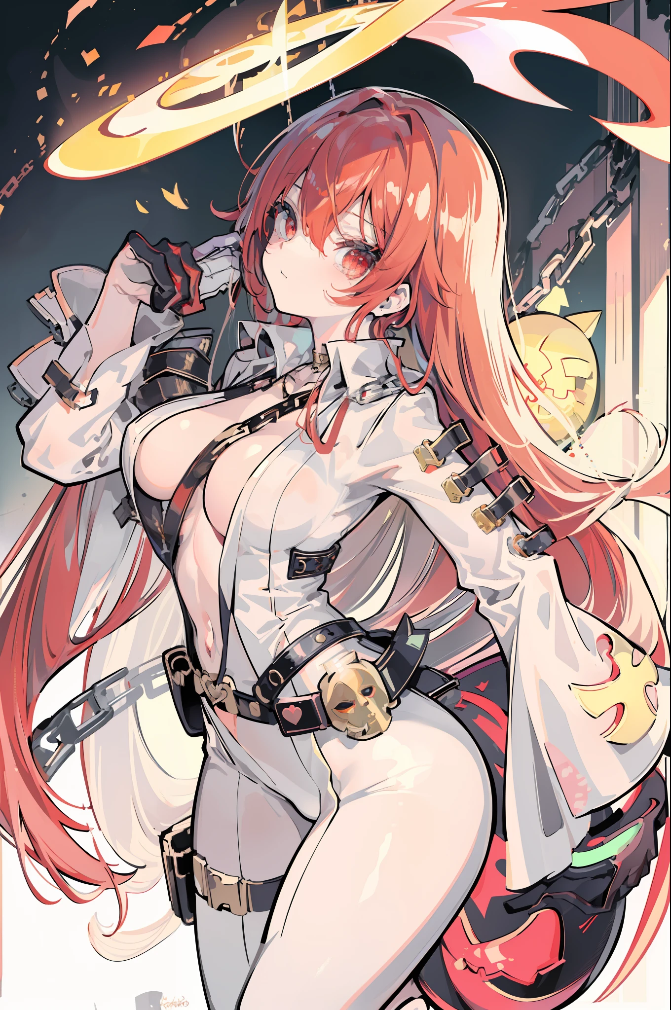 ((masterpiece)), (best quality), (detailed), (1 girl), jack-o' valentine,red hair,white bodysuit,gloves,halo,cross,belt,chain,ball & chain restraint,ankh,mask,shackles,cleavage,necklace,buckle,jewelry,chained,wide sleeves