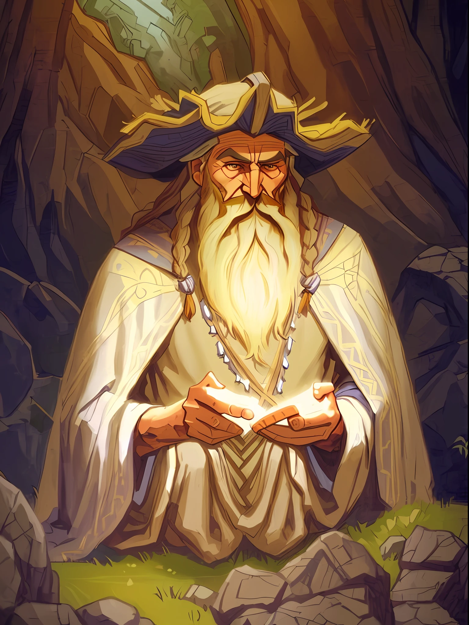 Old Slavic magician, druid, ((very long beard to the knees)), ((ancient slavic folk clothing)), Nicholas Roerich, Russian fairy tale, fantasy
