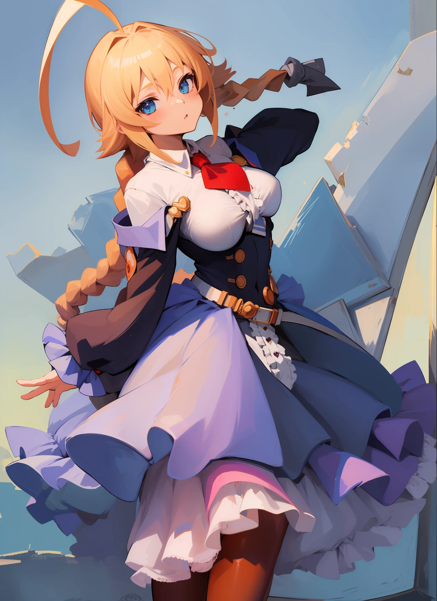 (masterpiece, best quality, high resolution),cowboy shot, 1girl, esms, frills, single braid, necktie, dress, center frills, pantyhose,jack-o' valentine