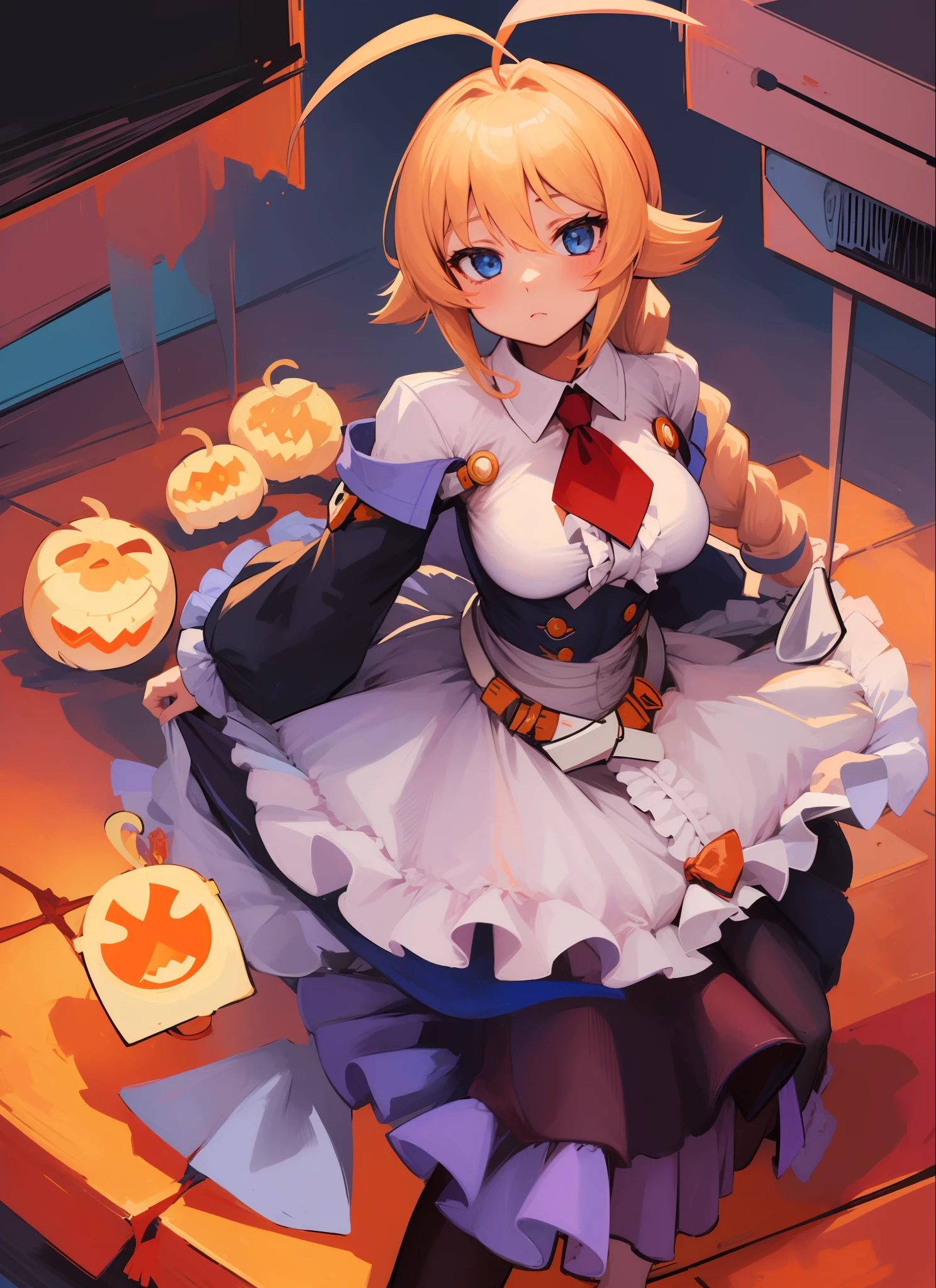 (masterpiece, best quality, high resolution),cowboy shot, 1girl, esms, frills, single braid, necktie, dress, center frills, pantyhose,jack-o' valentine