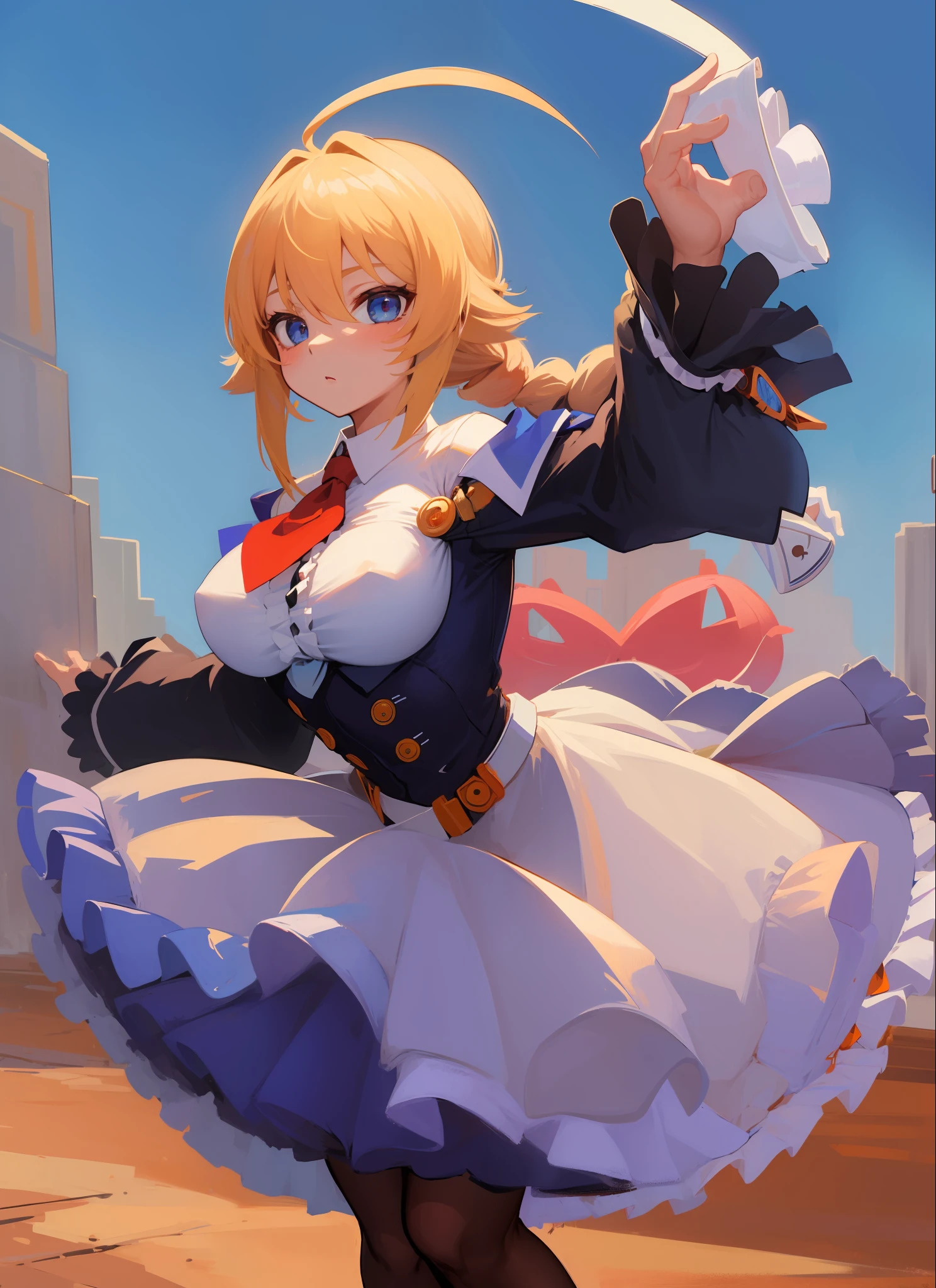 (masterpiece, best quality, high resolution),cowboy shot, 1girl, esms, frills, single braid, necktie, dress, center frills, pantyhose,jack-o' valentine