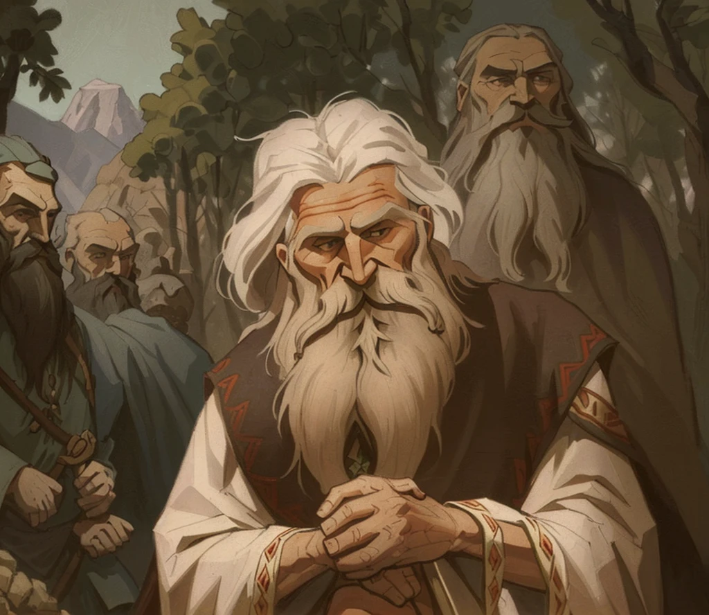 Old Slavic magician, druid, ((very long beard to the knees)), ((ancient slavic folk clothing)), Nicholas Roerich, Russian fairy tale, fantasy