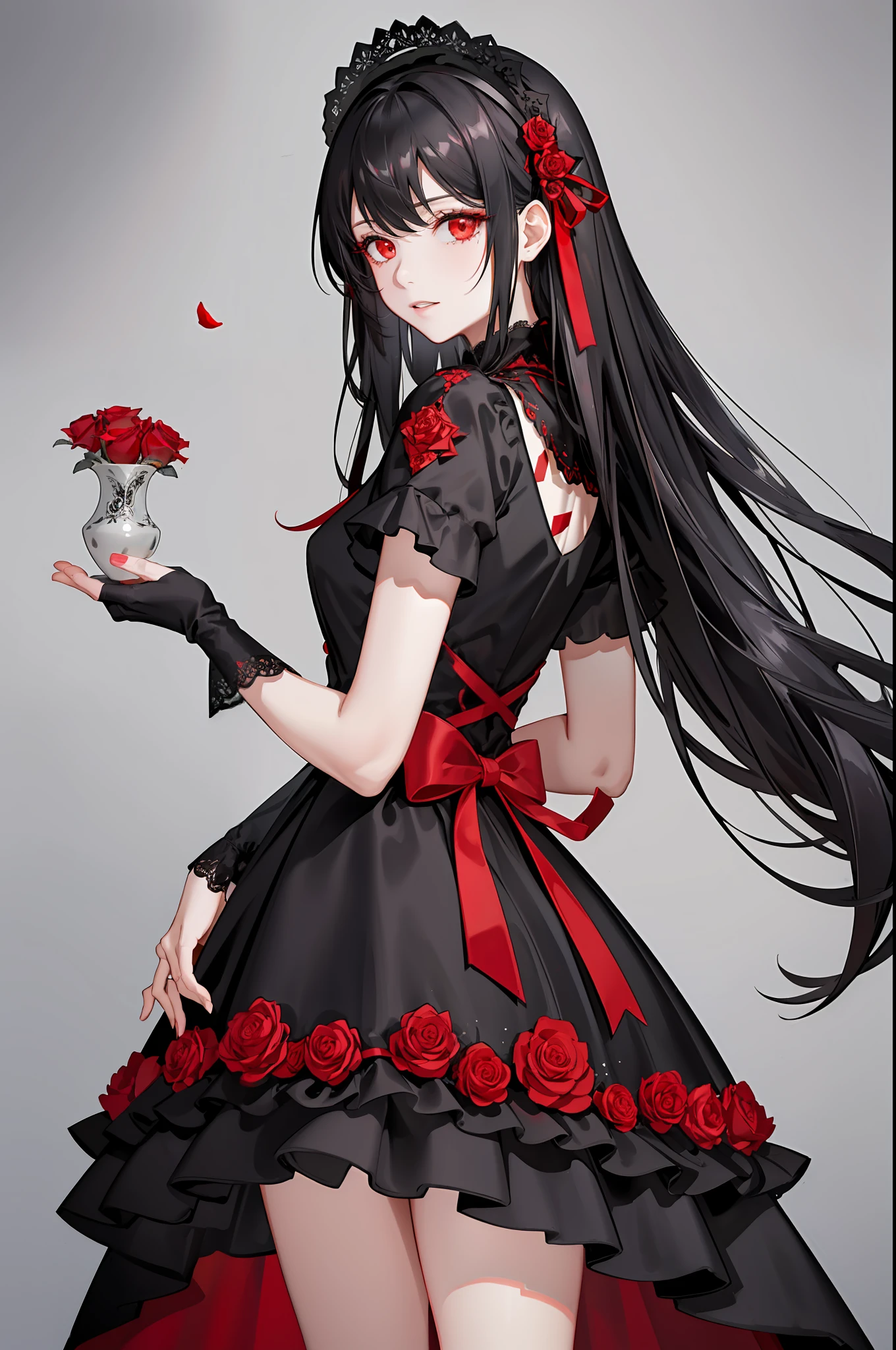 ((Masterpiece, best picture quality, super detail), (extreme flash, movie-like lens effect: 1.2, dark gothic: 1.2), red and black tone, lace, skirt layering, red pupil black hair girl, glow Eyes, headdress: 1.2, single, side ribbon: 0.8, red rose and black skirt: 0.9), five layers, red and black rose embellishment, side detail ribbon, red lace skirt with black skirt, red pupils The black-haired girl is pretty.