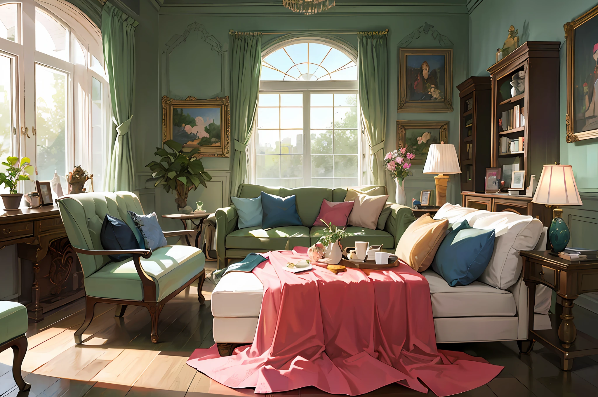 Architectural digest photo of a maximalist green solar living room with lots of flowers and plants, golden light, hyperrealistic surrealism, award winning masterpiece with incredible details, epic stunning pink surrounding and round corners, big windows