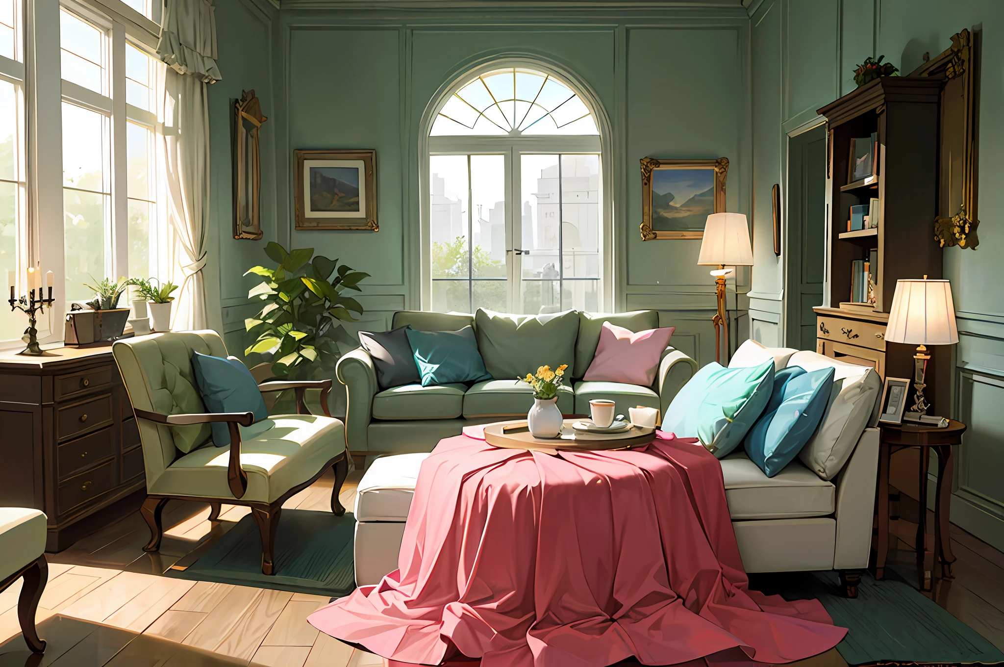 Architectural digest photo of a maximalist green solar living room with lots of flowers and plants, golden light, hyperrealistic surrealism, award winning masterpiece with incredible details, epic stunning pink surrounding and round corners, big windows