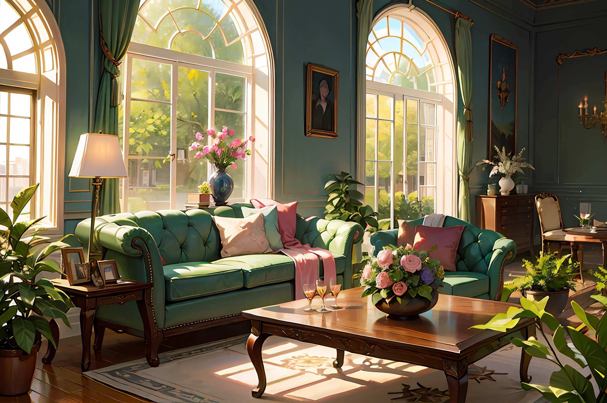 Architectural digest photo of a maximalist green solar living room with lots of flowers and plants, golden light, hyperrealistic surrealism, award winning masterpiece with incredible details, epic stunning pink surrounding and round corners, big windows