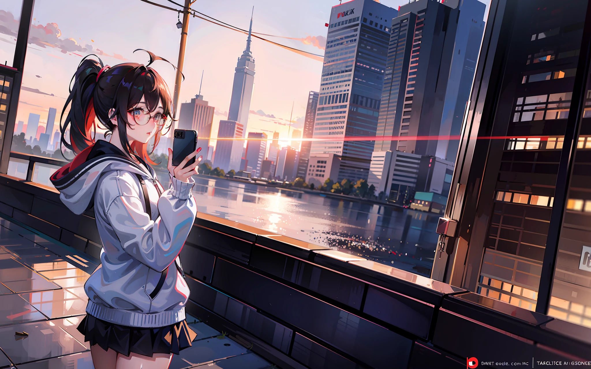 Young woman, student, ponytail, tassels, glasses, oversized hoodie, skirt, headphones, smartphone, in the city, dawn, side view, super high resolution, logo