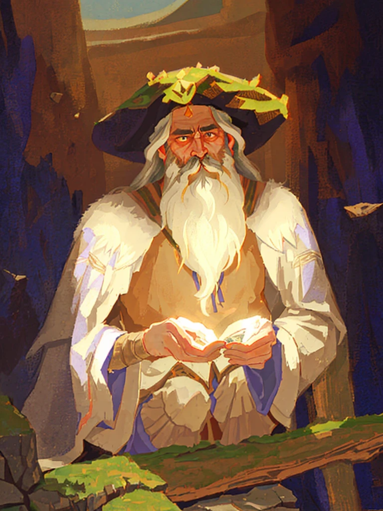 Old Slavic magician, druid, ((very long beard to the knees)), ((ancient slavic folk clothing)), Nicholas Roerich, Russian fairy tale, fantasy