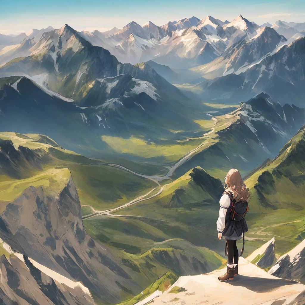 A woman standing on a mountain top with a beautiful view of the mountains behind her.