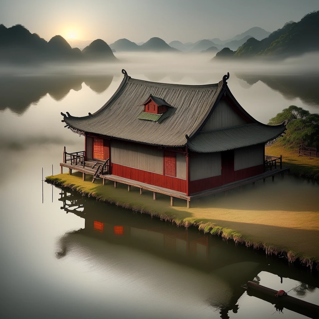muted chinese ink painting scroll, muted colors, rice paper texture, splash paint, Ninh Binh town, boat, small red sun, fog Old cottage. Lakeside. Morning light. Clouds wet to wet techniques. perfect balance composition.