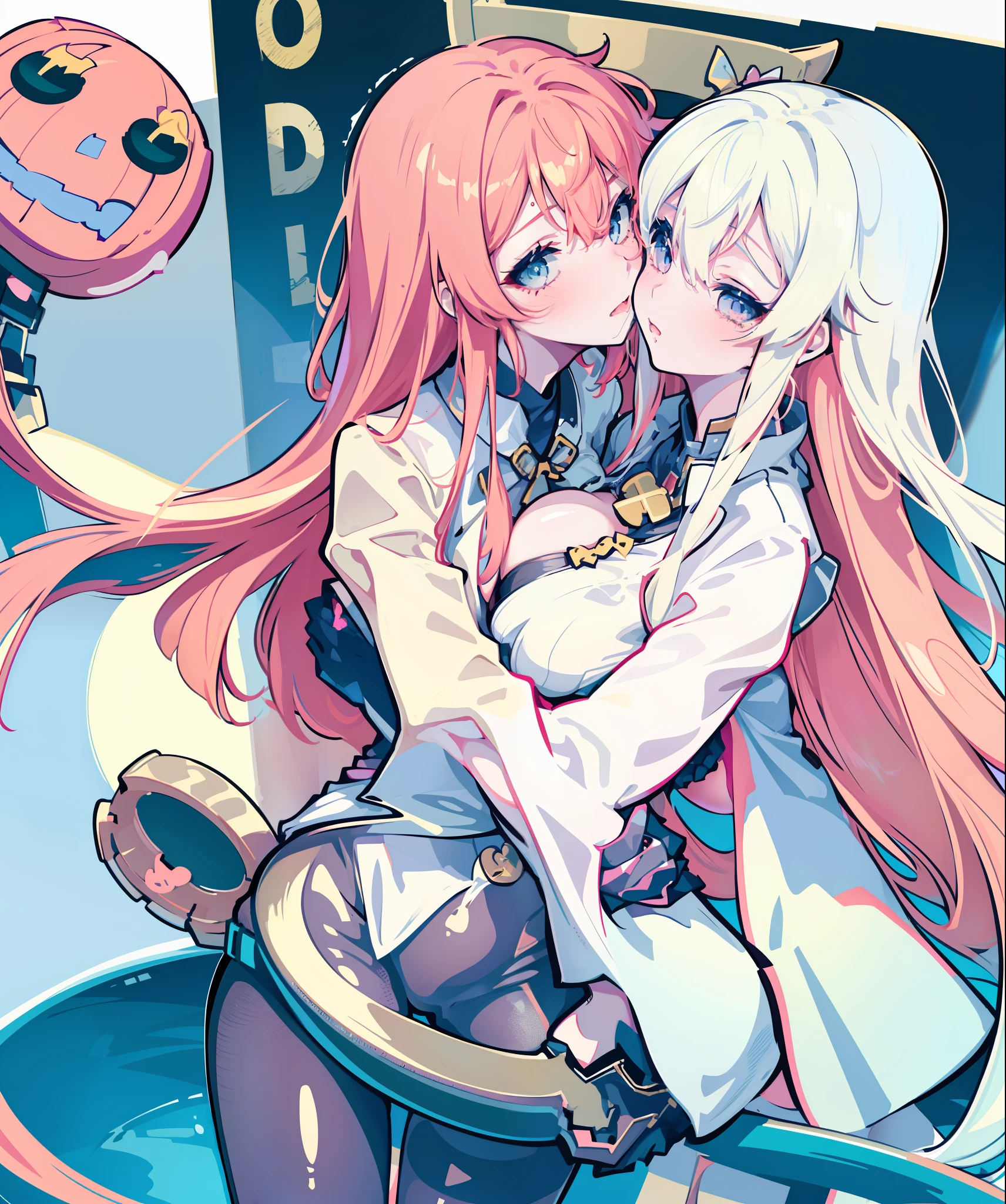 2 girls,bridget, jack-o' valentine,hugging,kissing,pressing their breasts together (weight: 2.0)