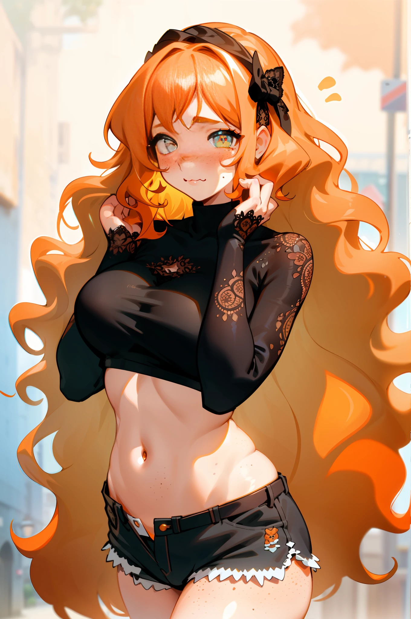 Shy, Blush, Fine hands, Rich details, Embarrassment, Black lace panties, Handjob, freckles,masterpiece, best quality, 1girl, long hair, :3, cute, outdoors, streets, cowboy shot, big breasts , curvy, orange hair, wavy hair, ((beautiful detailed eyes, beautiful detailed glow)), freckles, sfw, shorts, crop top,