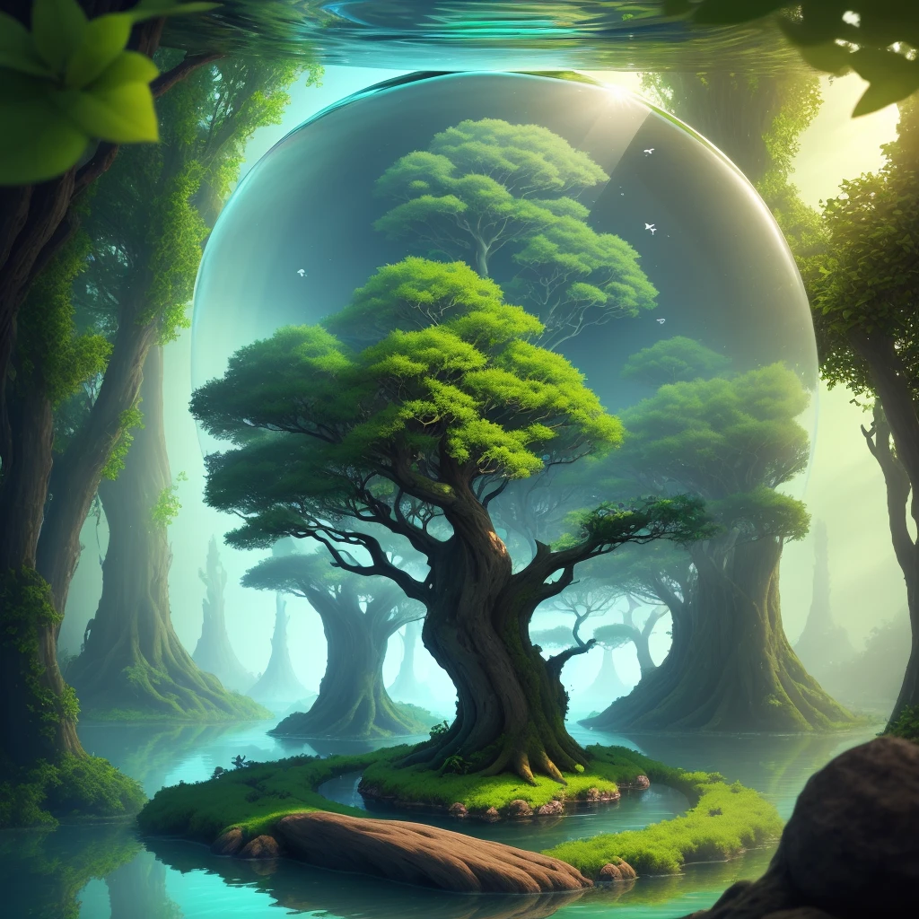 a tree that is floating in the water, 3d matte illustration, graphic of enchanted terrarium, the planet, connectedness, by Bikash Bhattacharjee, green ratio, (abstract