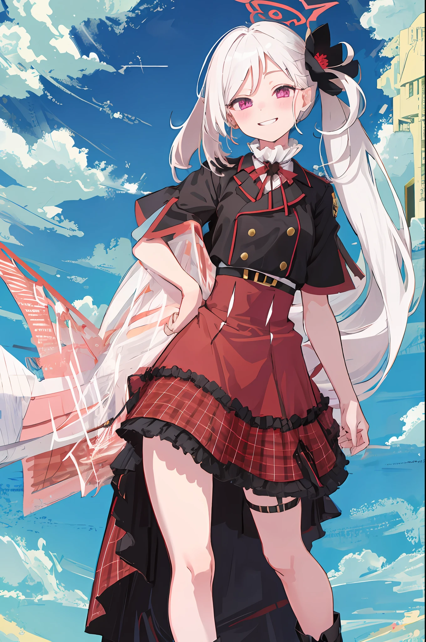 masterpiece, best quality, ultra detailed, illustration, 1 girl, bag, bangs, black flower, blush, boots, flower, ruffle skirt, ruffles, full body, hair flower, hair ornament, halo, waist skirt jacket, long white hair, looking at viewer, plaid skirt, purple eyes, plaid skirt, plaid skirt, red eyes, solo, smile, standing, tall, white hair, white hair