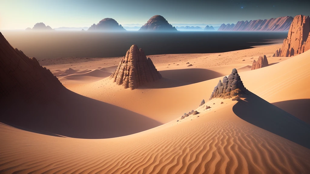 a very fast landscape on an extrasolar planet, clean sky, myst intricate and hyperdetailed painting, craters, dunes, evgeny lushpin, jim burns and greg rutkowski, beksinski, wide-angle lens, splash screen, complementary colors, fantasy concept art, 8k resolution trending on art hdr, view from the top