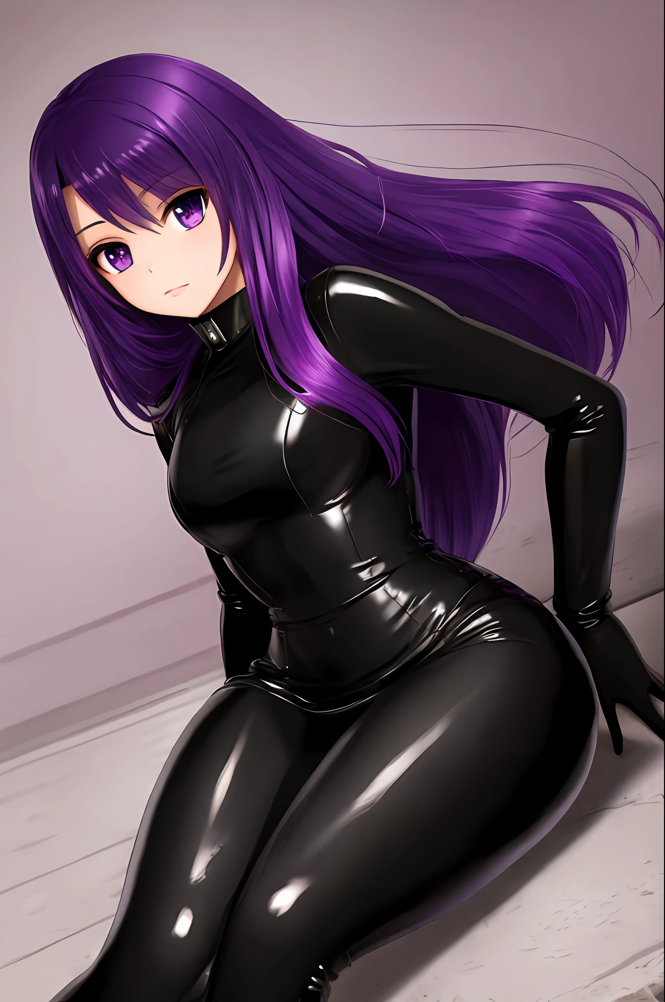 Black latex, purple hair, long hair, dominant,