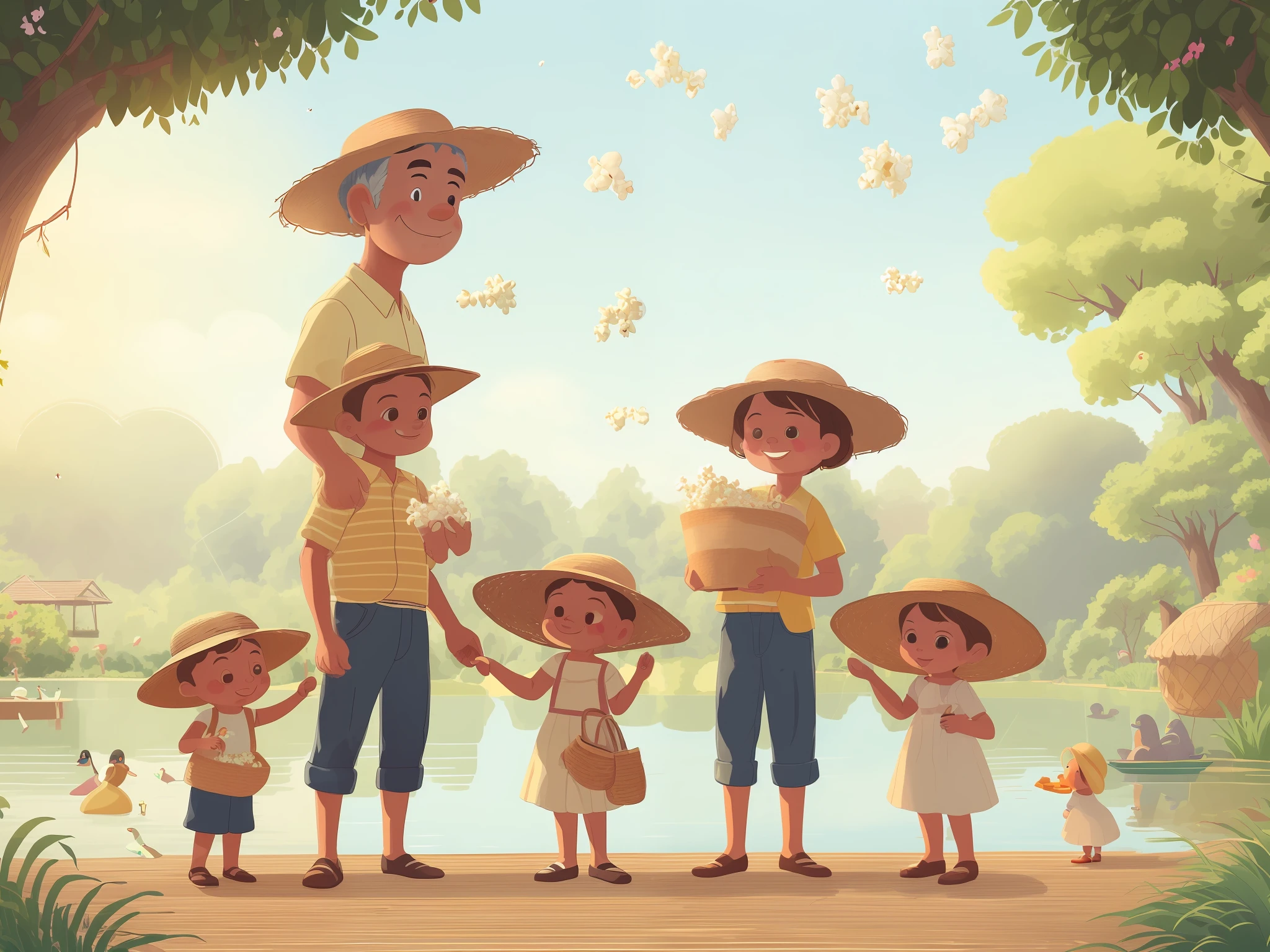 ((a father and mother embracing and A beautiful girl in a straw hat standing in front of the lake in the park, giving popcorn to the ducks)), the park has people walking, a little dog running, a lady riding a bicycle and a boy playing ball