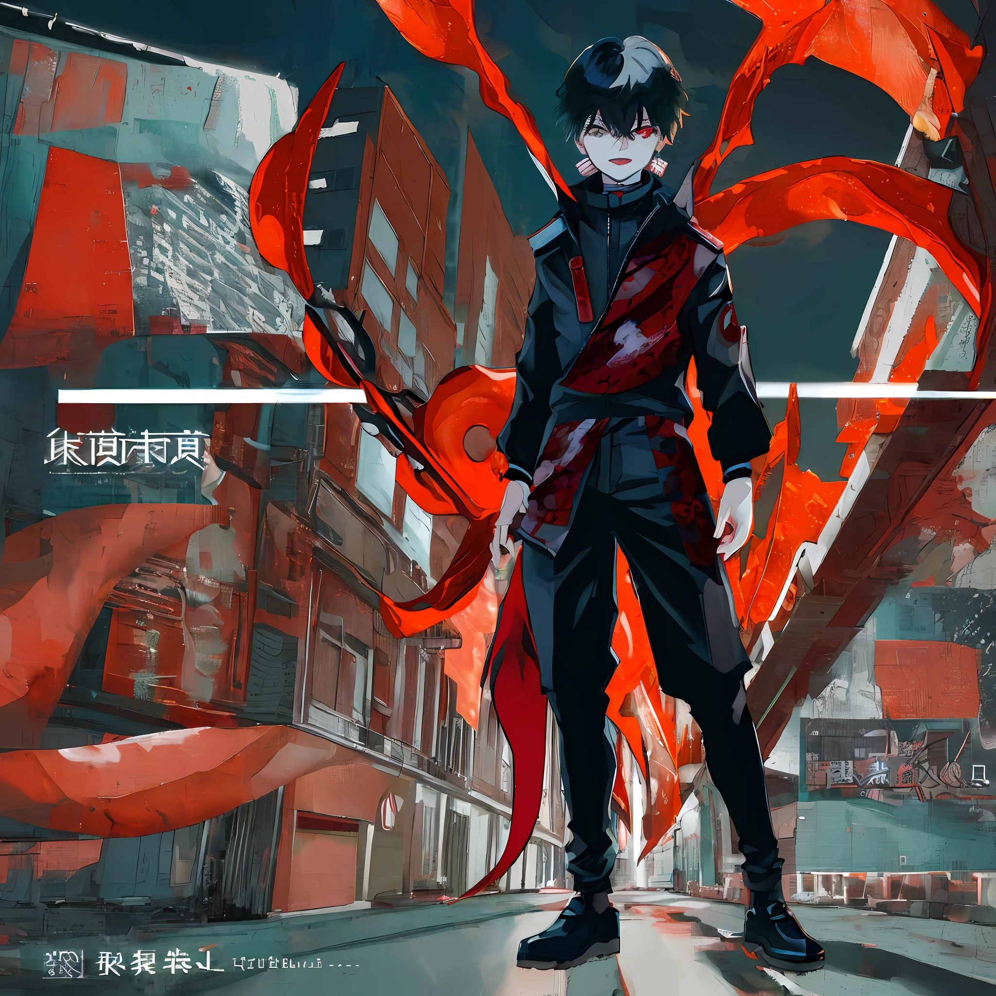 (masterpiece, high quality:1.4), (kaneki ken, black hair, white hair, red and black eye, mask | teeth, blood eyes, black clothes, scorpio tentacles), blood, ((full body)), (dynamic pose), black background, thrilling, (fierce face), powerful aura, glowing eyes,blood tentacles,kagune powers,8k,64k, HD, unparalleled masterpiece, dynamic lighting, cinematic, epic, highest quality digital art