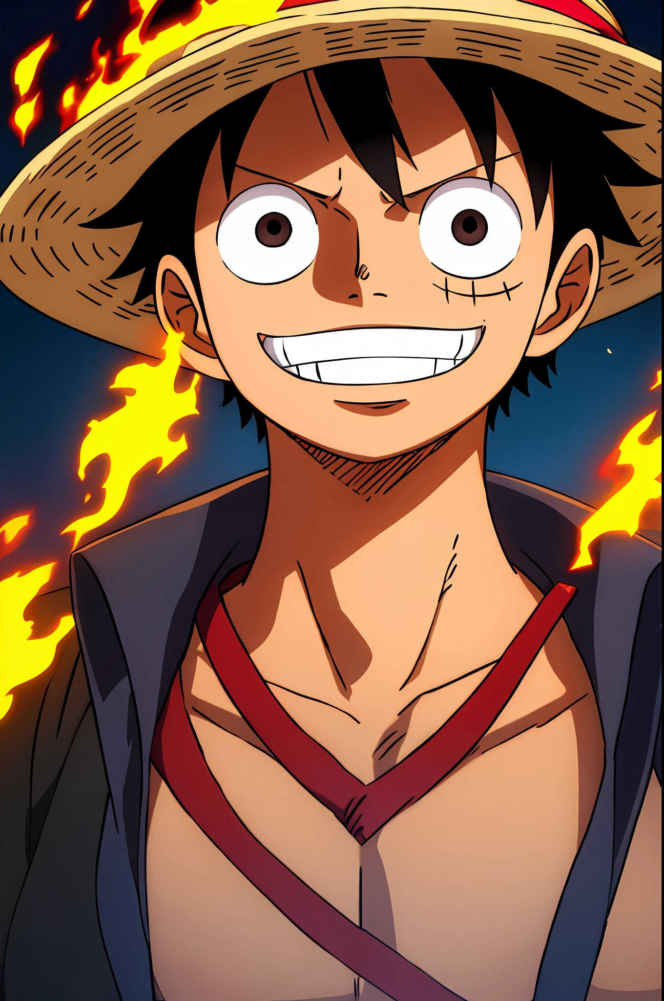 1boy, wanostyle, monkey d luffy, smiling, straw hat, looking at viewer, solo, upper body, ((masterpiece)), (best quality), (extremely detailed), depth of field, sketch, dark intense shadows, sharp focus, soft lighting, hdr, colorful, good composition, fire all around, spectacular, closed shirt, anime screencap, scar under eye, ready to fight, black eyes