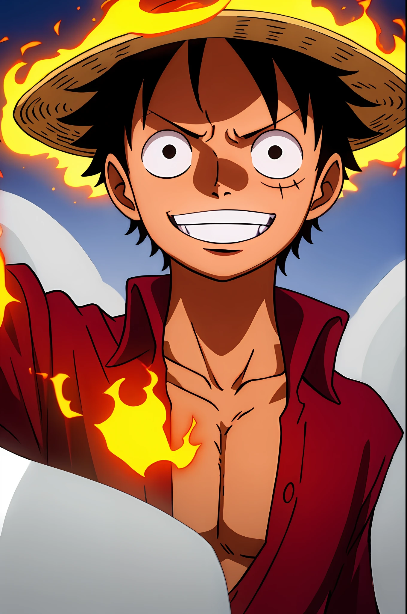 1boy, wanostyle, monkey d luffy, smiling, straw hat, looking at viewer, solo, upper body, ((masterpiece)), (best quality), (extremely detailed), depth of field, sketch, dark intense shadows, sharp focus, soft lighting, hdr, colorful, good composition, fire all around, spectacular, closed shirt, anime screencap, scar under eye, ready to fight, black eyes