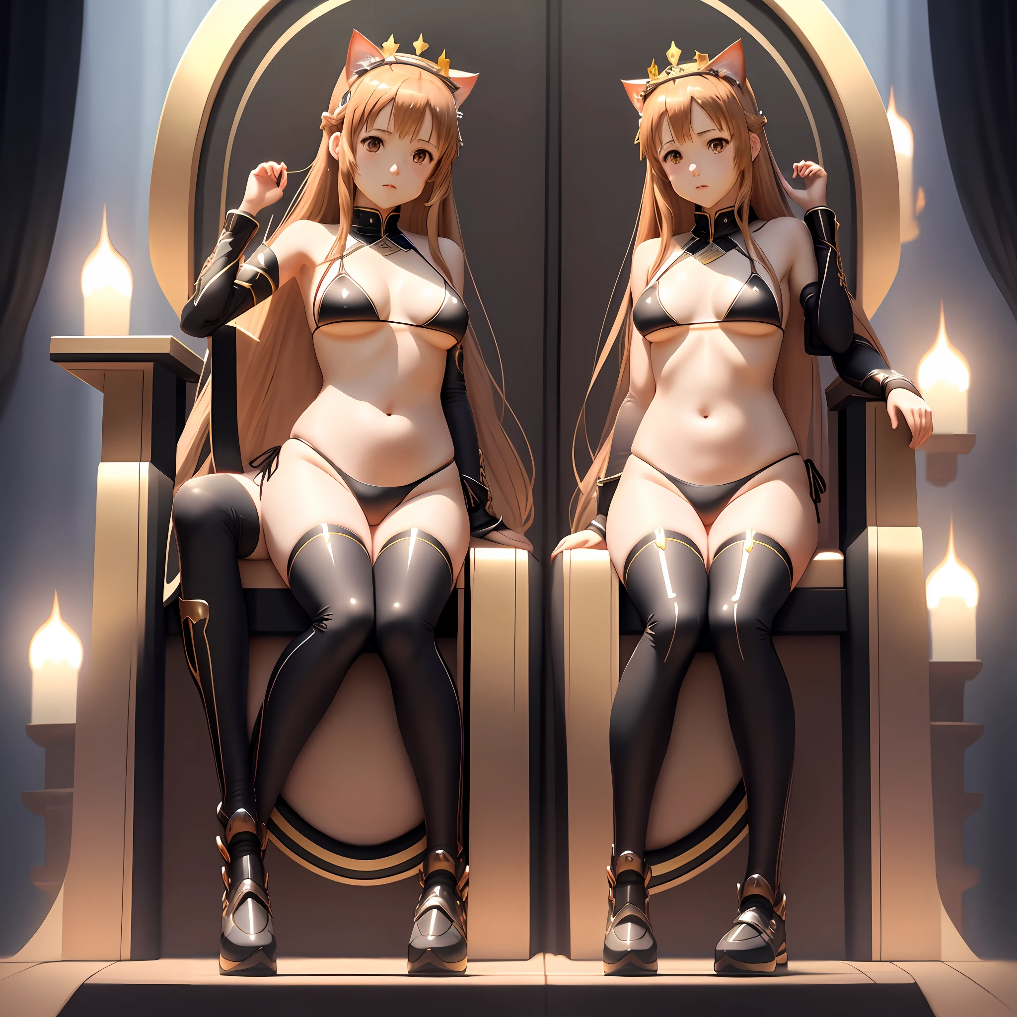 Asuna SAO, cute face, cat ears, dubble d cups, black bikini , height 1.70m , Nike, sitting on a large royal throne , legs apart, wearing a crown on her head, 8k,