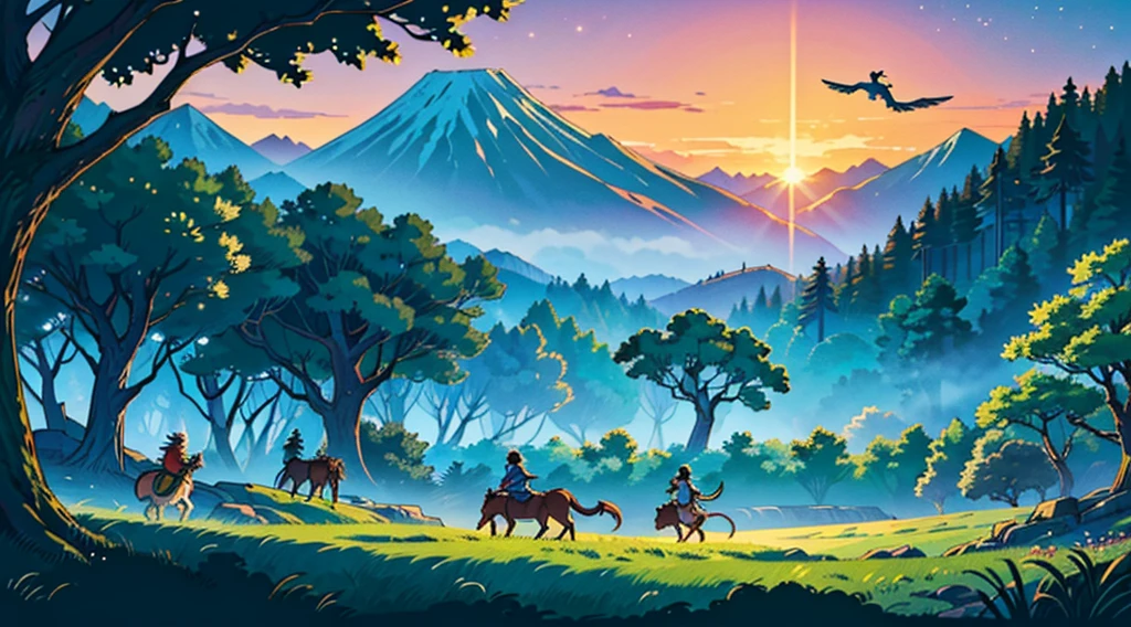 (best quality: 0.8), perfect anime illustration, an ancient and beautiful fantasy forest full of greenery and life, at sunset, adventurers fighting against mythological monsters based on Japanese manga in it, dragon birds and more can be seen flying in the sky, in the distance you can see a kingdom and more animals