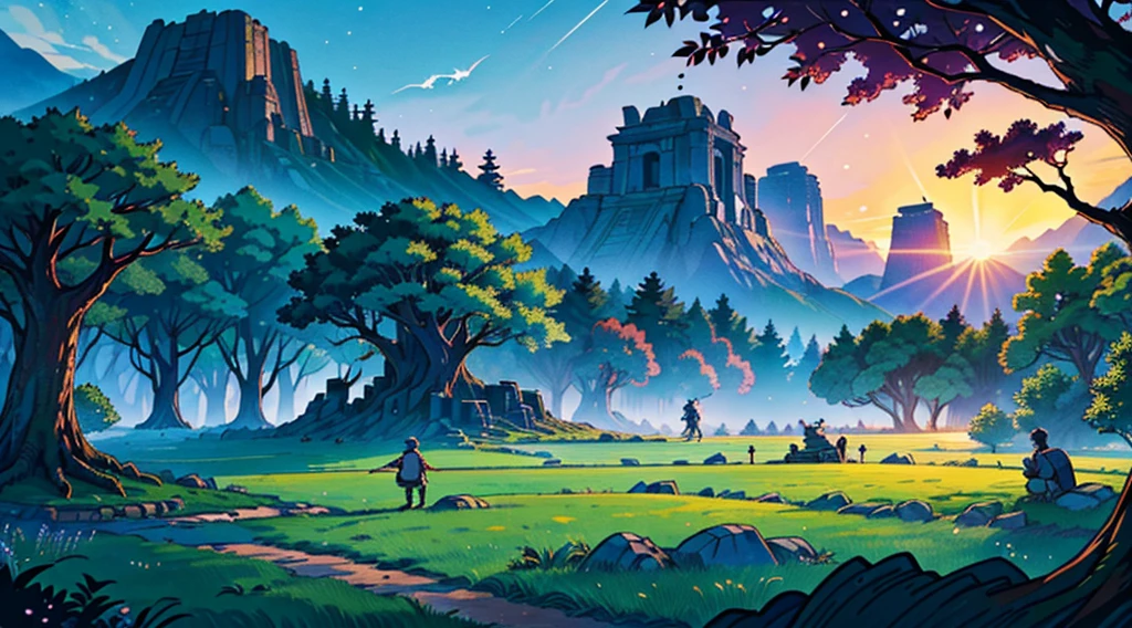 (best quality: 0.8), perfect anime illustration, an ancient and beautiful fantasy forest full of greenery and life, at dusk, adventurers fighting mythological monsters based on Japanese manga in it, birds, dragons and more can be seen flying in the sky, in the distance you can see ancient ruins