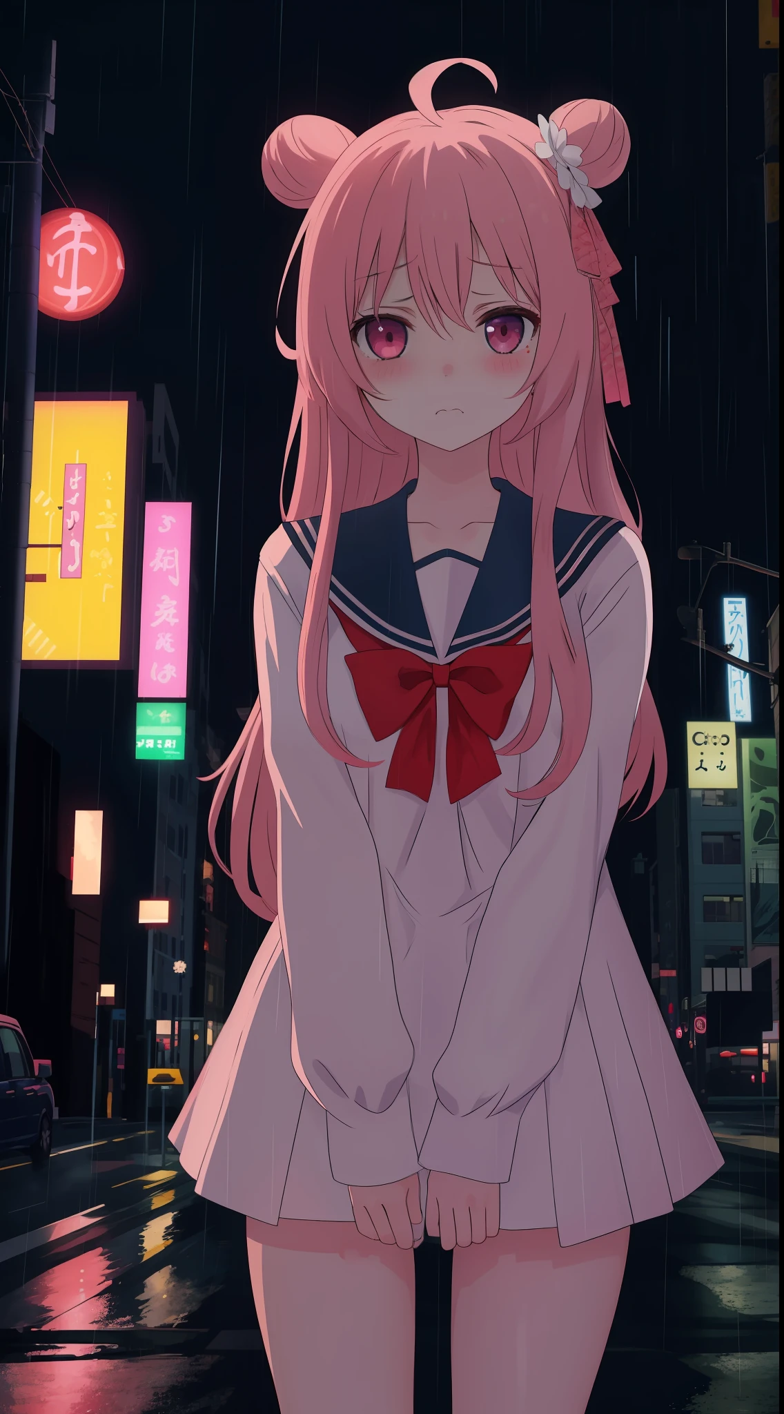 masterpiece, best quality, looking at viewer, facing viewer, bare legs, 1girl, solo, upper body, bow, serafuku, sad face, blushing, night time, raining, outdoors, city