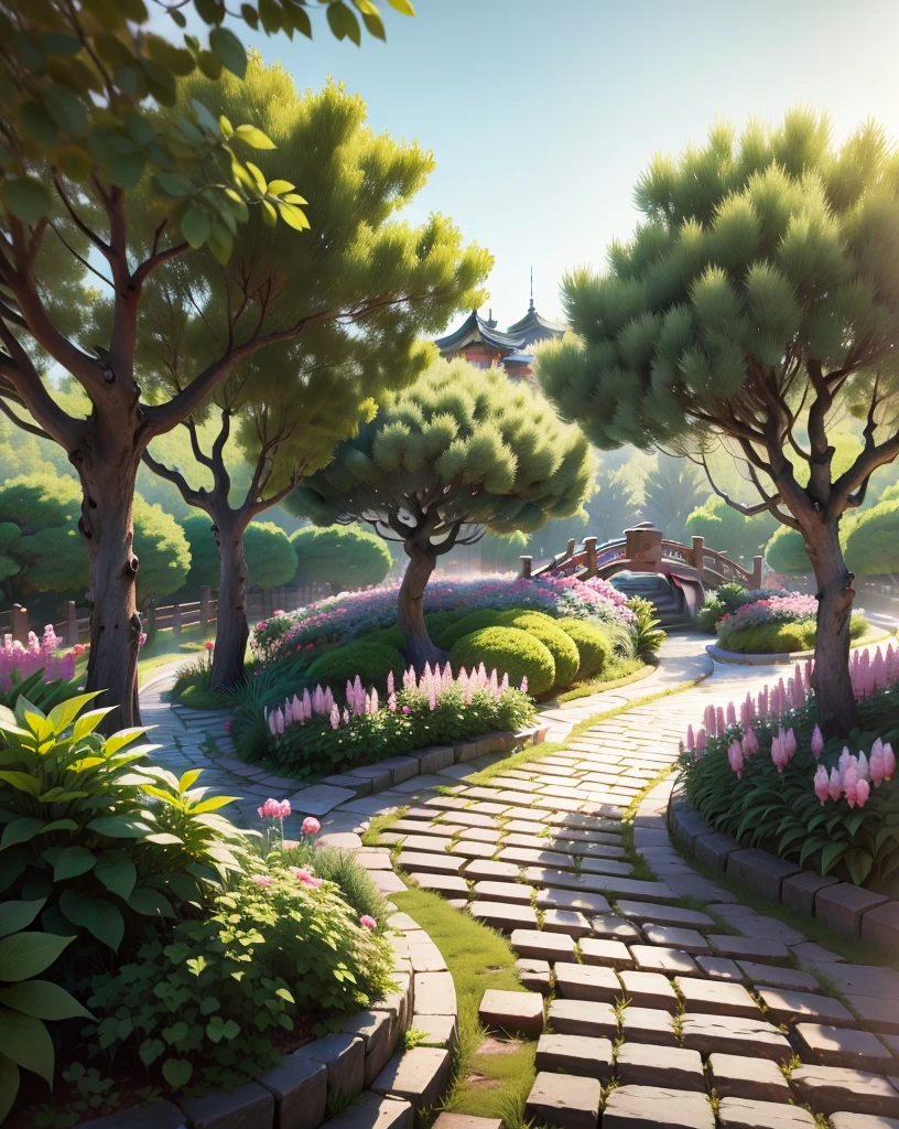 Masterpiece, best quality, (extremely detailed CG unity 8k wallpaper), (best quality), (best illustration), (best shading), ancient Tang dynasty garden, peony garden in the middle, pine forests on both sides , cobblestone road, isometric 3D, octane rendering, ray tracing, super detailed, --v 6