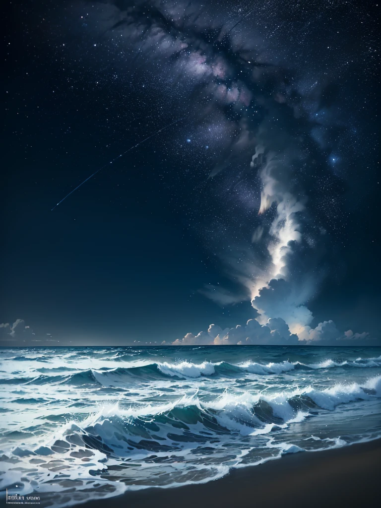 Wallpaper, Sea, Breaking Waves, night Sky, dark, stars, milky way, light on the shore, Beach, HD Detail, Wet Watermark, Ultra Detail, Film, Hyper Realism, Deep Field Focus Bokeh, Ray Tracing, Diffuse (extra fine glass reflections) and Ultra realism. --v6