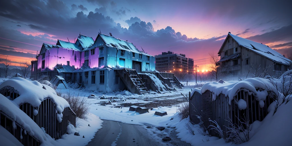 Apocalypse, Epic Reality, (hdr: 1.4), Apocalypse, Frozen, Dilapidated, Abandoned, Cool Colors, Dark Night, Screen Space Refraction, Epic Composition, (Intricate Detail), (Intricate Detail, Ultra Detail: 1.2 ), Art Station, Movie Clips, Vignetting, Complex Backgrounds, Buildings, Snow, (Masterpiece, Best Quality) --v 6