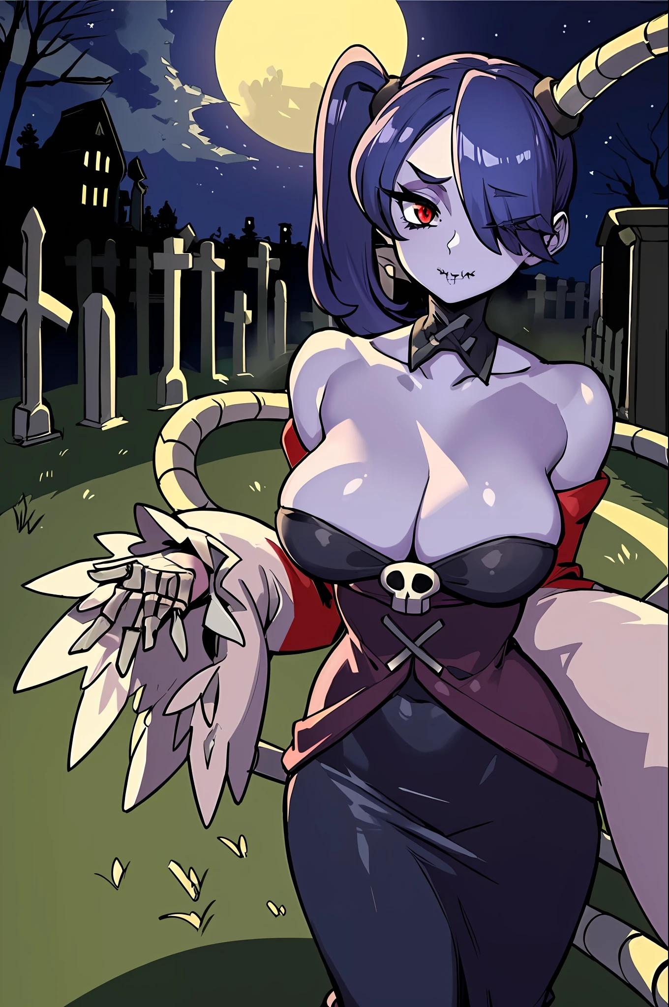 ((masterpiece, high quality, best quality: 1.3)), wavy, 1 girl, solo, medium breasts, facing viewer, bare shoulders, parted sleeves, hair over one eye, red eyes, side ponytail, single tail horse, loose collar, skull, ((blue fur)), stitches, zombie, striped sleeves, stitched mouth, extremely detailed, highly detailed, ((backlight particles, graveyard, spooky background, at night, moon, background from graveyard, detailed background: 1.5)), perfect face, beauty, perfect eyes, ((skeletal arm, vivid tails, dynamic pose, big butt, big lips)), baggy eyes, makeup, big eyelashes, cute, adorable, serious , ((leviathan: 1.3)), full body, daylight, moonlight, (long skirt, perspective:1.2), dakimakura