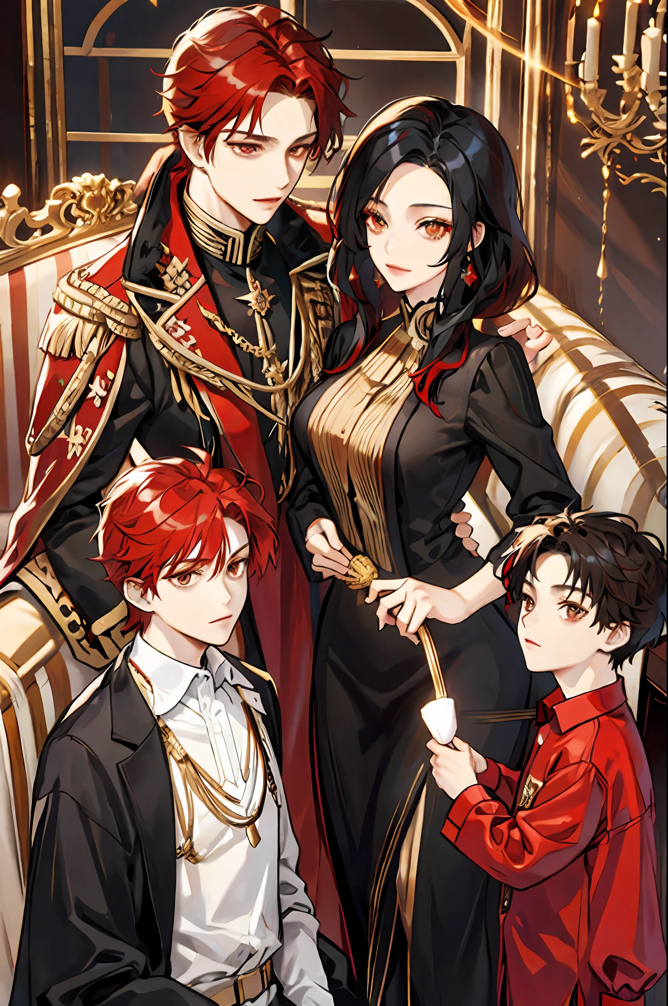 royal family, elegant, matching clothing, woman with black hair and brown eyes, man with red hair and golden eyes, teenage son with black hair and golden eyes, toddler daughter with red hair and brown eyes