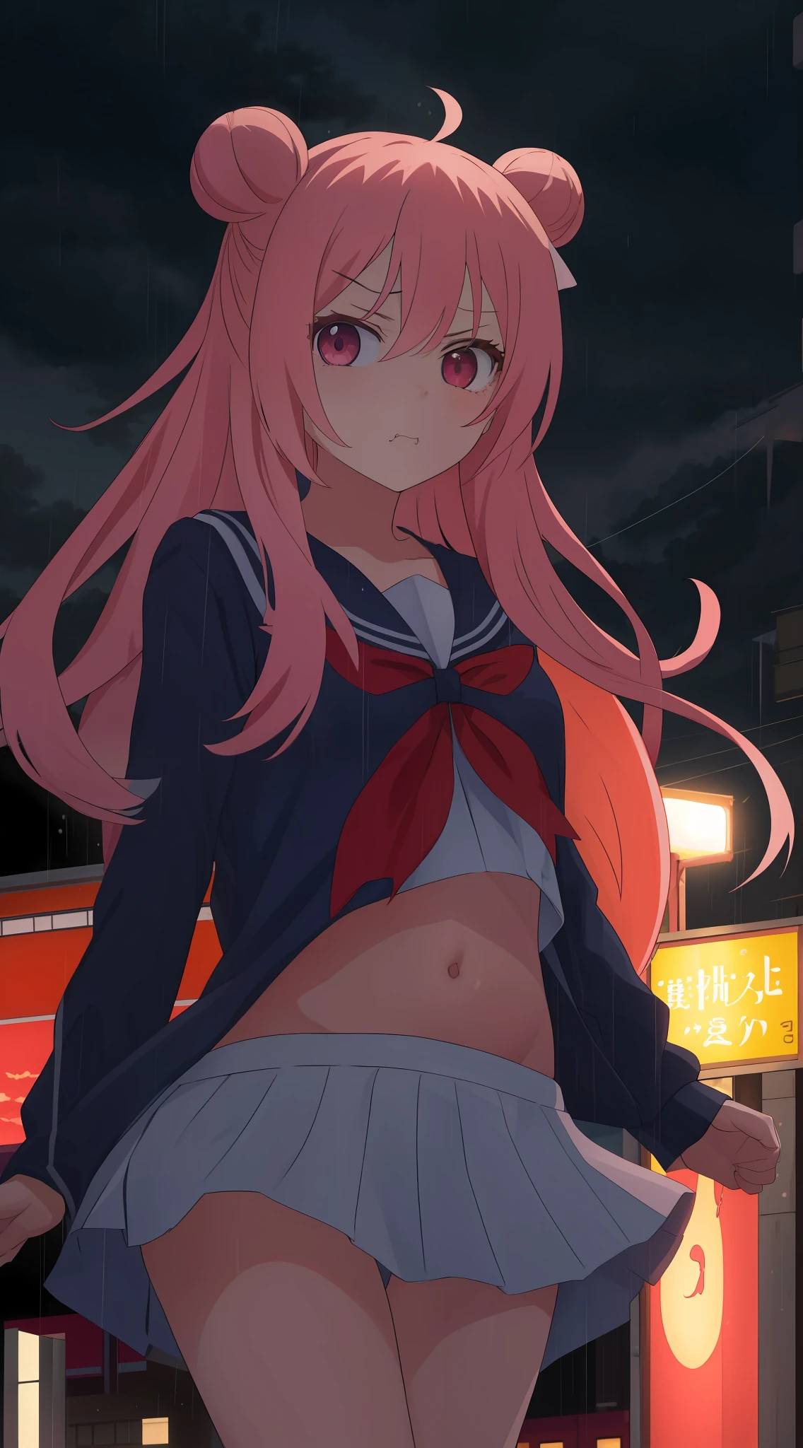 masterpiece, best quality, looking at viewer, facing viewer, bare legs, 1girl, solo, upper body, bow, serafuku, disgusted face, night time, raining, outdoors, city, belly out, navel