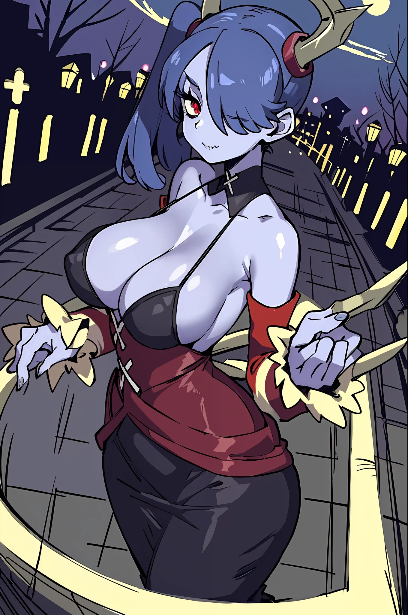((masterpiece, high quality, best quality: 1.3)), wavy, 1 girl, solo, medium , facing viewer, bare shoulders, parted sleeves, hair over one eye, red eyes, side ponytail, single tail horse, loose collar, skull, ((blue fur)), stitches, zombie, striped sleeves, stitched mouth, extremely detailed, highly detailed, ((backlight particles, graveyard, spooky background, at night, moon, background from graveyard, detailed background: 1.5)), perfect face, beauty, perfect eyes, ((skeletal arm, vivid tails, dynamic pose, big butt, bips)), baggy eyes, makeup, big eyelashes, cute, adorable, serious , ((leviathan: 1.3)), full body, natural light, moonlight, (long skirt, perspective:1.2),in lingerie, ecchi animee, anime woman fullbody art, ecchi style, aniaracter; full body art, realistic - anime, ”beautiful anime woman, ecchi, anime arts, seve anime girl, beautiful anime woman,
