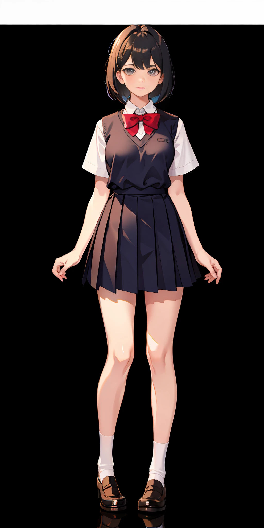upper body, 1girl, matching shoes, matching socks, medium breasts, stand, standing, space backdrop, bob hair, high school uniform,