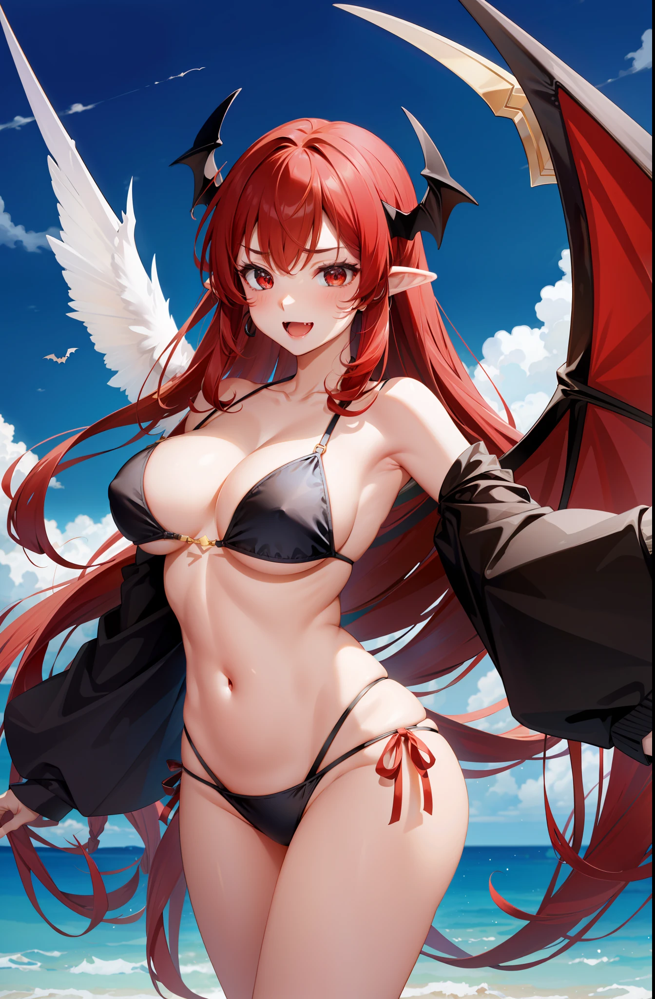 MariSetogoya, 1girl, smile, solo, long hair, red eyes, red hair, wings, pointy ears, fang, bat wings, demon wings, looking at viewer, blush, smile, large breasts, navel, cleavage, collarbone, swimsuit, bikini, standing, dynamic pose, 8k, masterpiece, best quality, absurdres, perfect anatomy, cinematic lighting, cowboy shot,