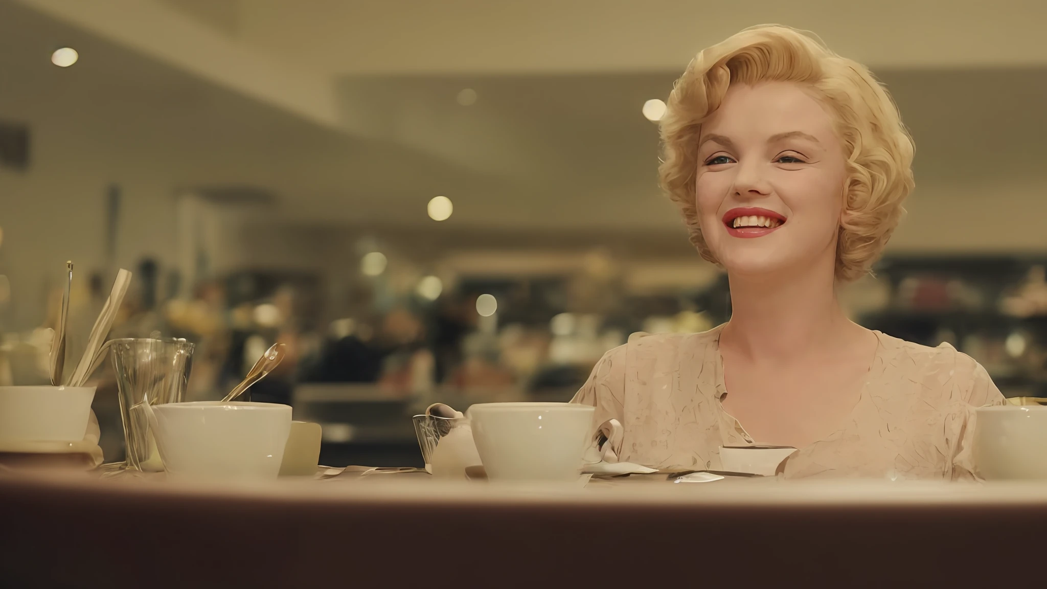 still from dramatic movie scene of young 35 year old adult woman, [marilyn monroe], sitting in a coffee shop, playfully smiling, ((detailed face)), beautiful eyes, (colorized), film grain, 8k ultra hd, widescreen, cinematic, hdr, dramatic lighting, blockbuster hit, one person, (close-up shot)