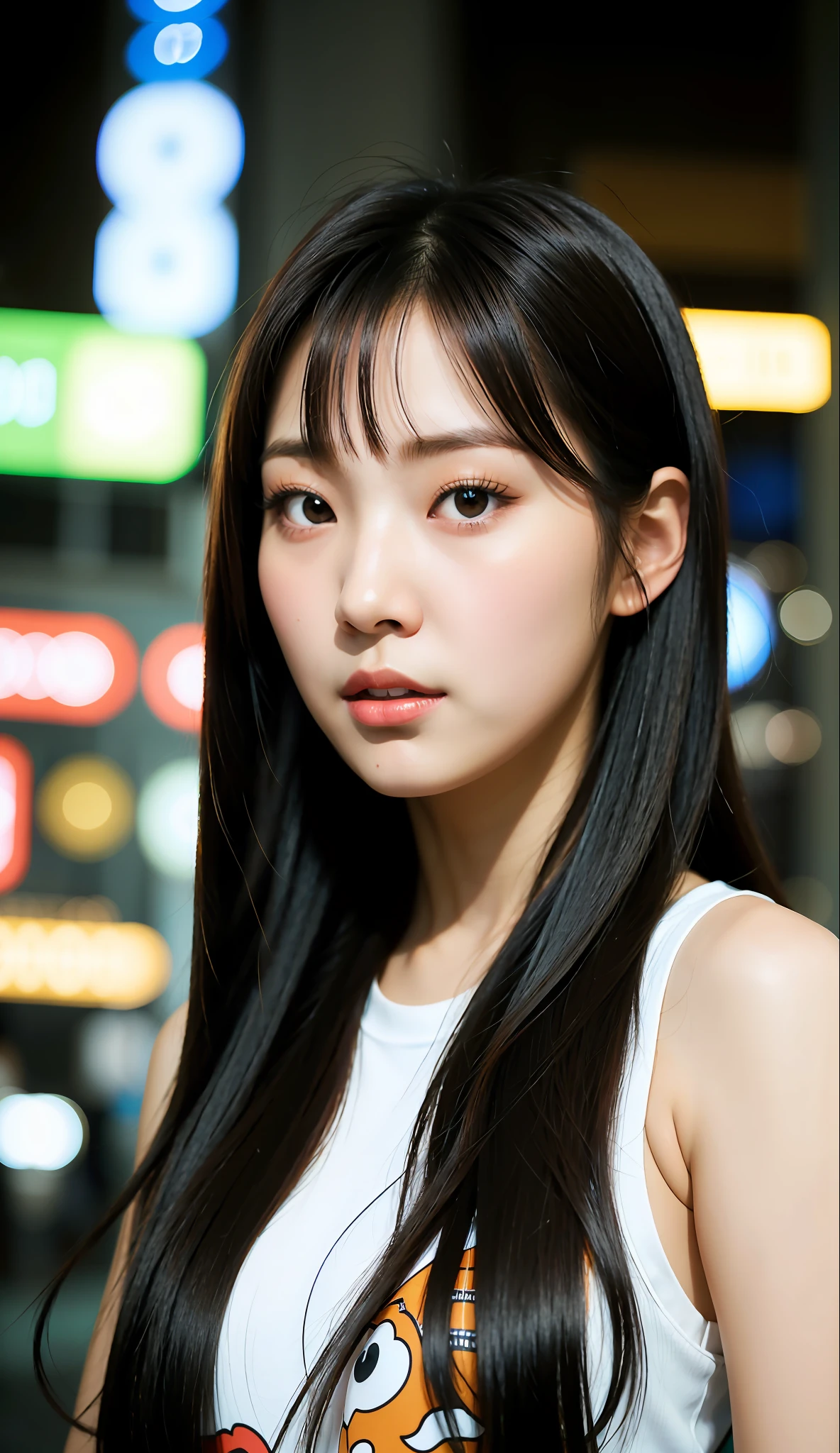 Asian woman with long black hair and brown tank top with cartoon pattern. beautiful korean girl Korean girl's cute face Portrait of a Korean female idol. Beautiful korean woman. Korean girl. Beautiful South Korean woman. Portrait of kpop idol, 8 k soft portrait. in Bangkok, with crowded. night