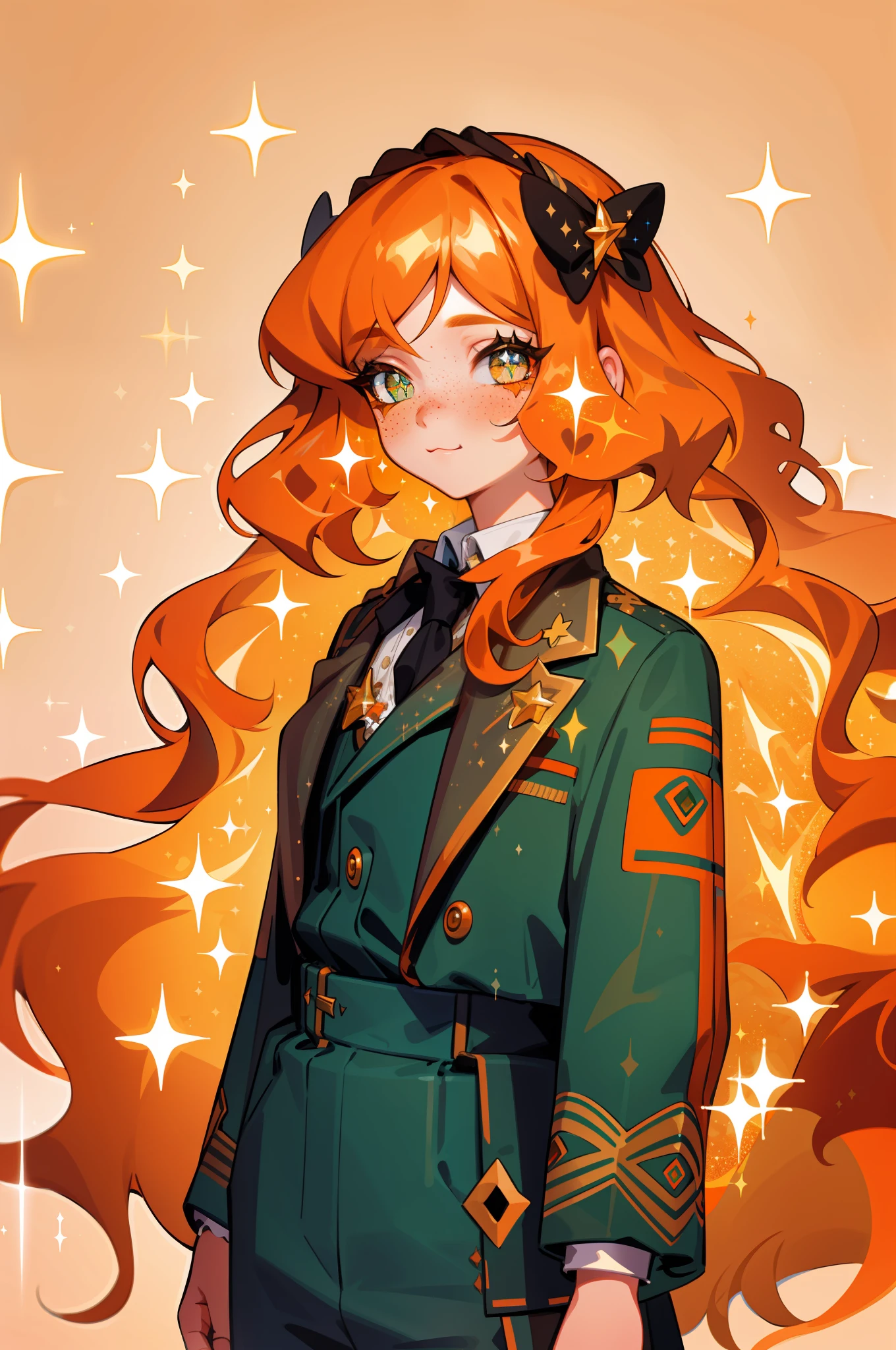 rich details, freckles, masterpiece, best quality, 1girl, long hair, :3, cute, orange hair, wavy hair, ((beautiful detailed eyes, beautiful detailed glitter)), freckles, ishmael_limbus, default_outfit