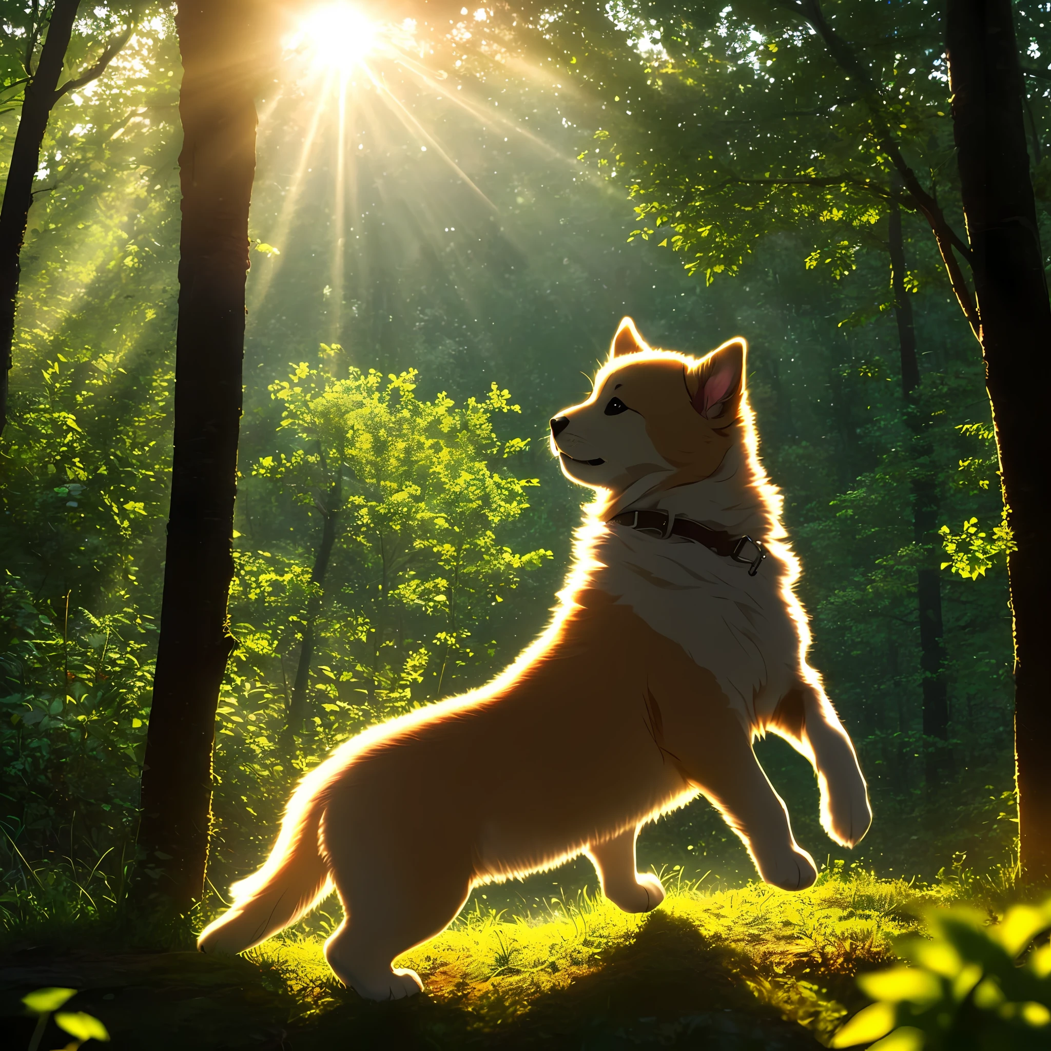 (best quality: 1.2), (masterpiece: 1.2), (realistic: 1.2),  closeup photo, a very cute jumping puppy in the forest, soft volumetric lights, (looking at the viewer: 1.3), (backlit:1.3), (cinematic:1.2), intricate details, masterpiece