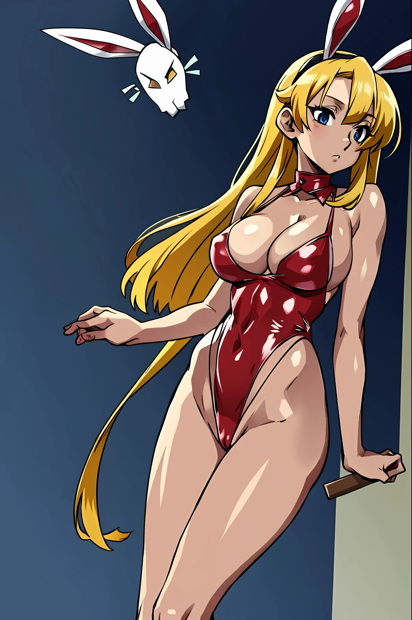 bunny suit, wearing a bunny suit, realistic bikini, pointy bunny ears, latex shiny, large hips, realistic - anime