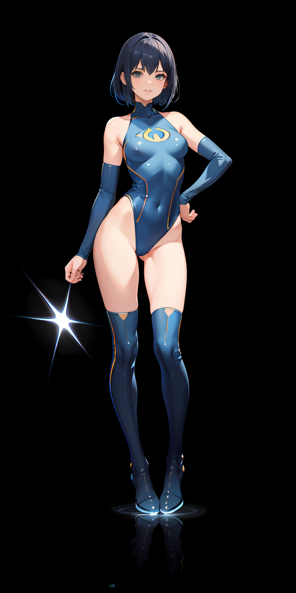 upper body, 1girl, superhero, leotard, bare legs, boots, matching boots, medium breasts, light particles, aura, blue aura, stand, standing, highleg, space backdrop, bob hair, dark blue leotard, dark blue boots, hand on hip,